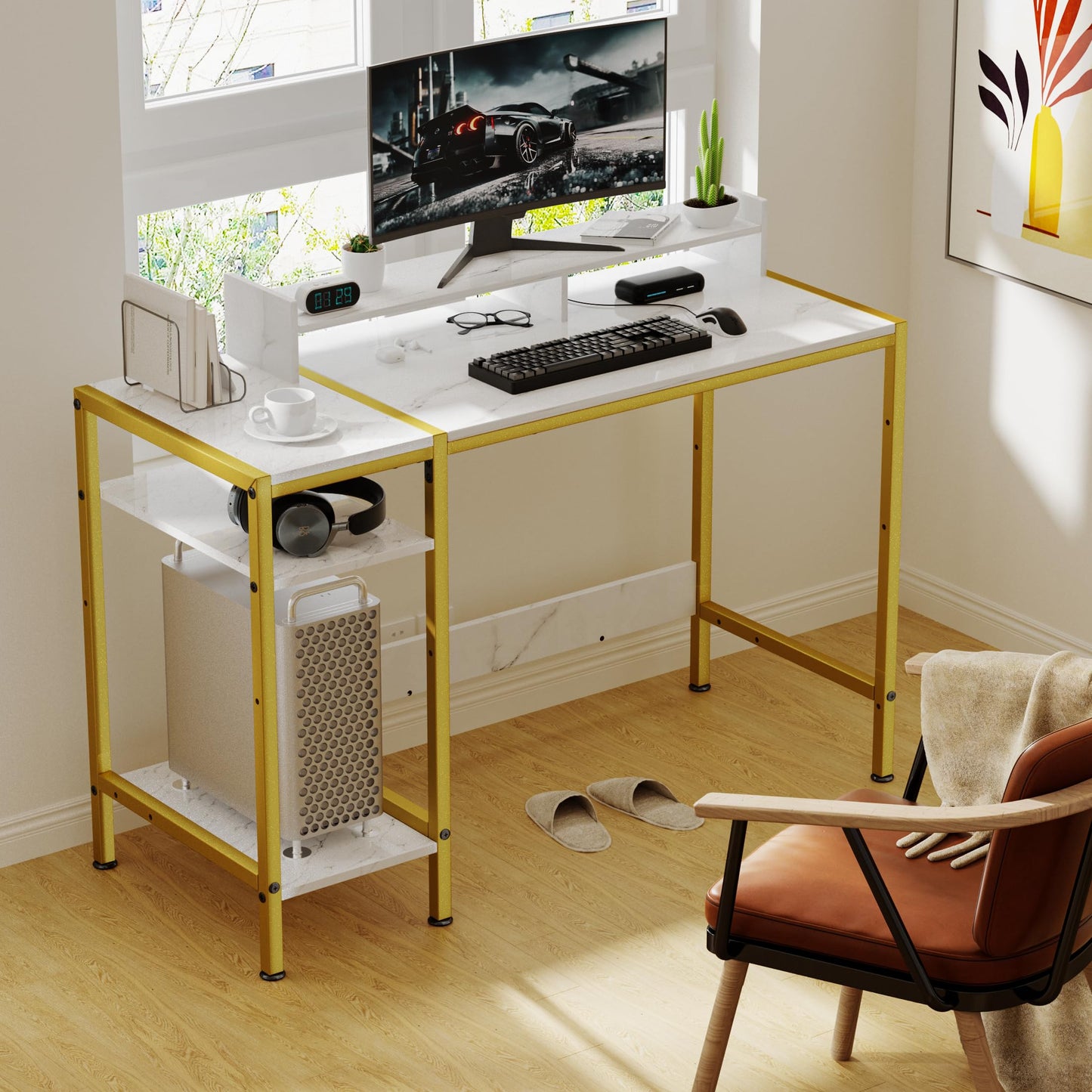 Gaming Desk with Monitor Stand and Storage