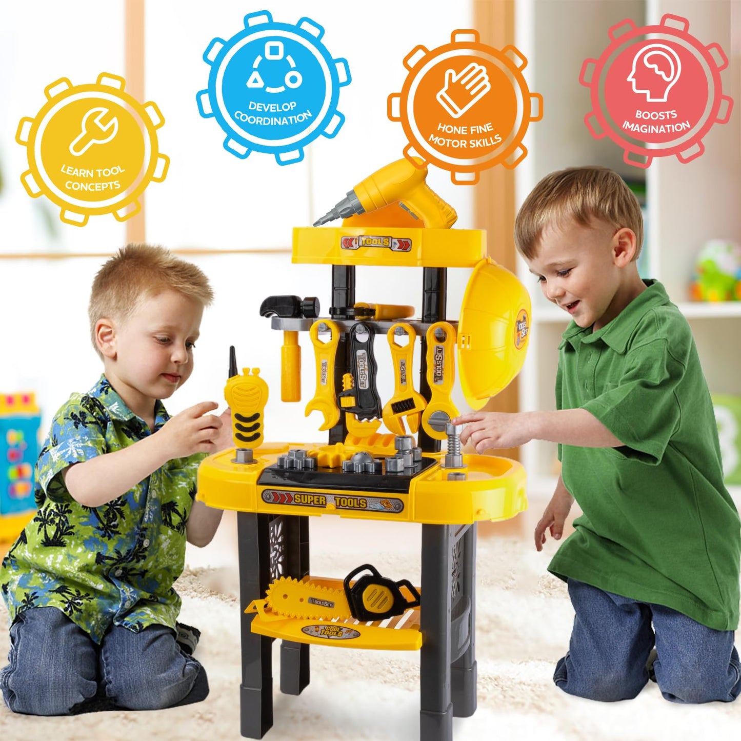 UNIH Toddler Tool Bench Kids Workbench Tools Set for Kids Toy Pretend Play Learning Toy Tool Set with Electric Drill, Toddler Boy Toys for 2 Year Old Boys Gift
