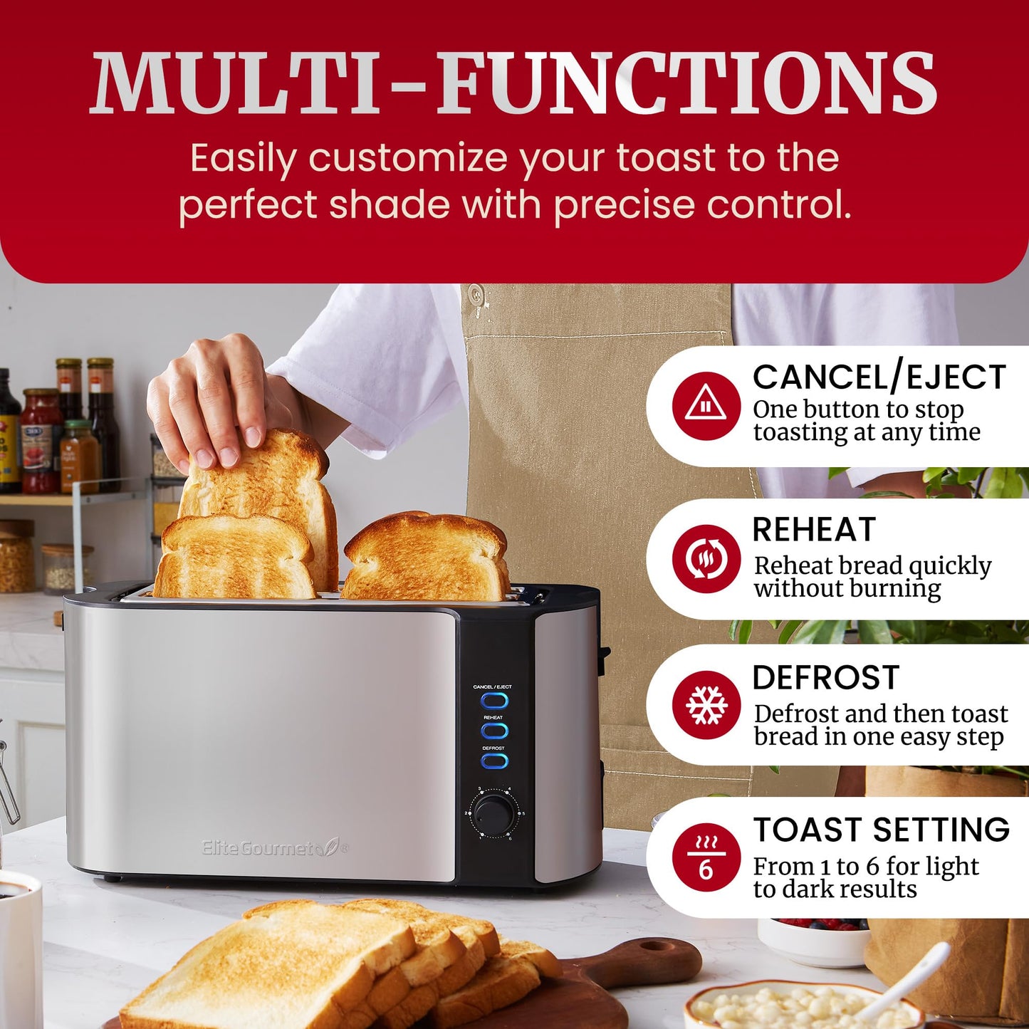 4-Slice Elite Gourmet Toaster with Extra Wide Slots