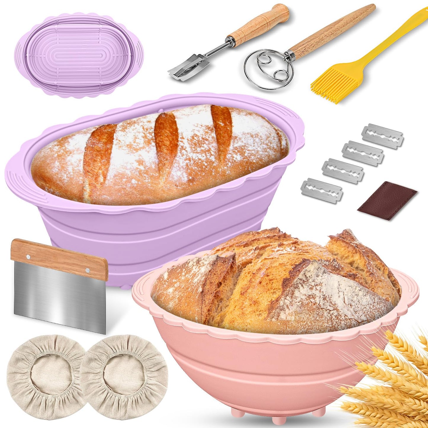 2Pack Bread Proofing Basket Banneton,Silicone Sourdough Bread Baking Baskets,9 Inch Collapsible Proofing Bowl Supplies Set Tool Kit Foldable for Bread Making Sourdough-Beige (Pink+Purple)
