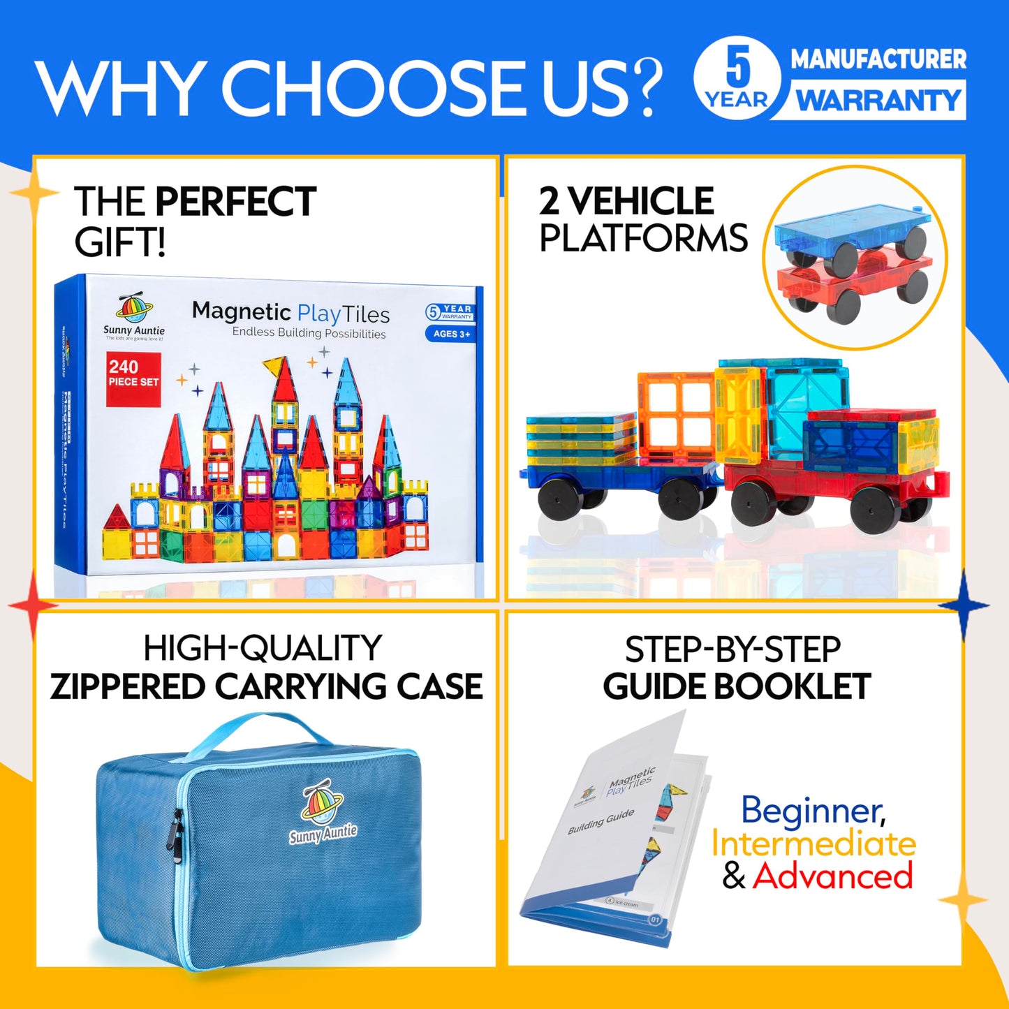 SUNNY AUNTIE Magnetic Tiles 240 PCS+ Bonus Zippered CASE, Magnetic Tiles for Kids Toy for 3 4 5 6 7 8 Year Old Boys & Girls