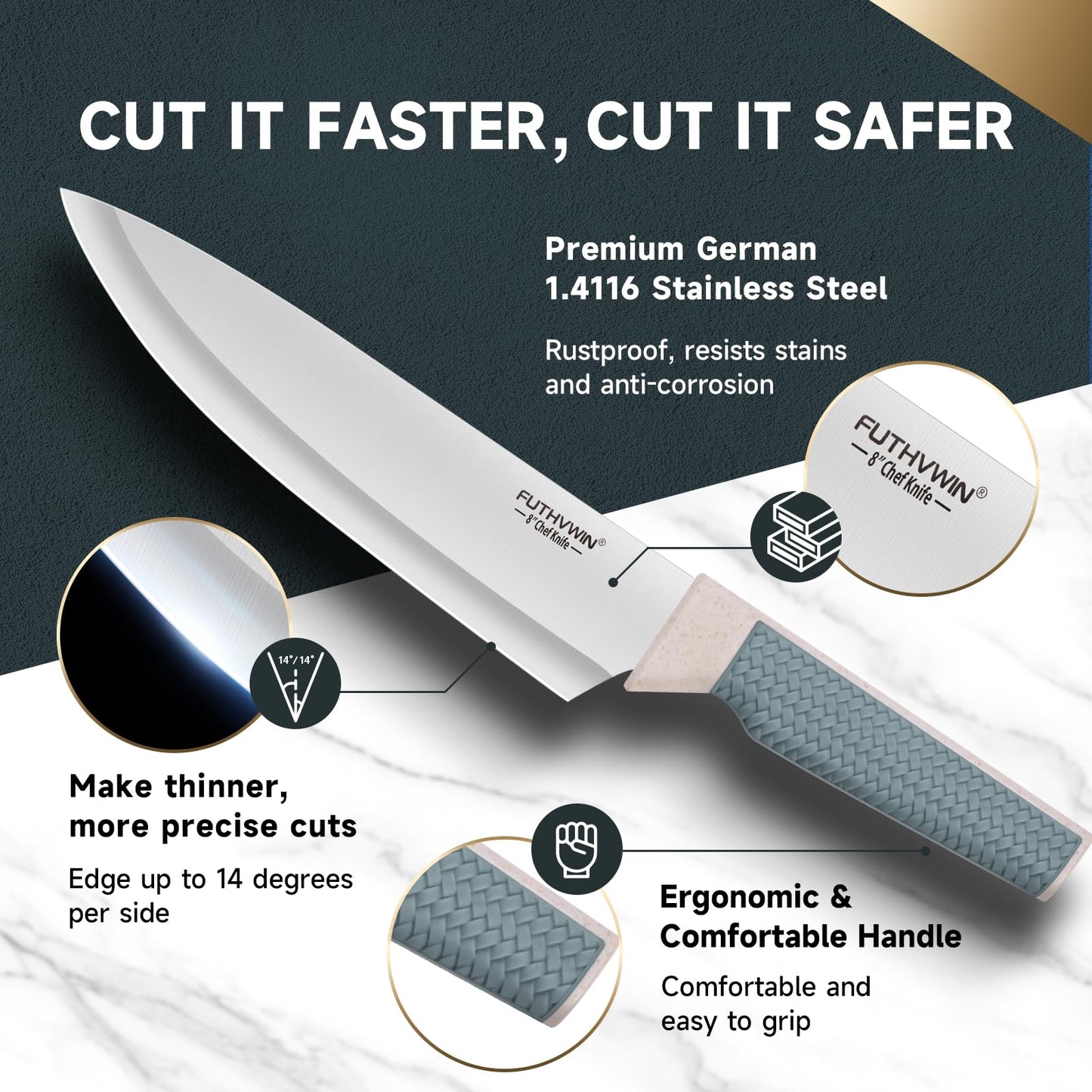FUTHVWIN Chef Knife Ultra Sharp Kitchen Knife Set 3-Piece, Premium German 1.4116 Stainless Steel Chefs Knife Set with Finger Guard, Ergonomic Handle Professional Knives Set for Kitchen, 2024 Gift