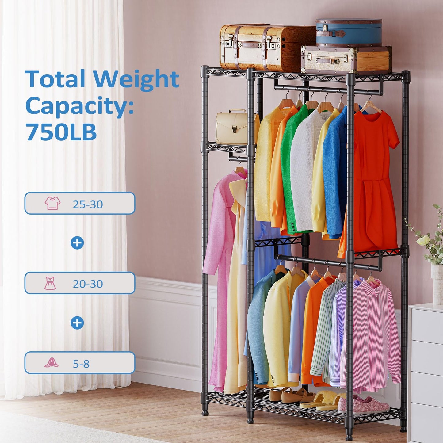 IZEUK Heavy Duty Rolling Garment Rack with 3 Rods