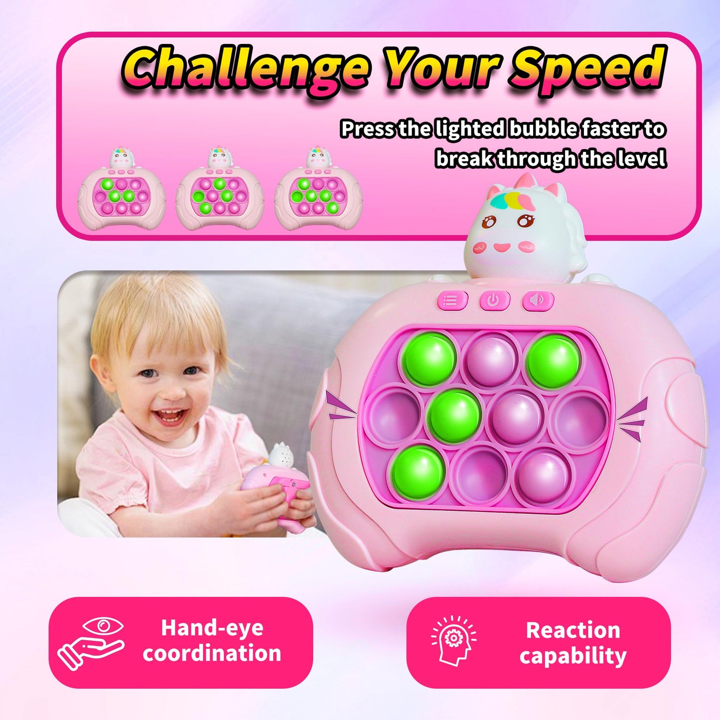 Fast Push Bubble Game,Rainbow Pop Fidget Toys for Kids, Handheld Light Up Popping Game with 4 Game Modes Funny Toys, Gift Idea for 6-12 8-12 Kids Puzzle Game Sensory Toys (Pink Uni-Corn)