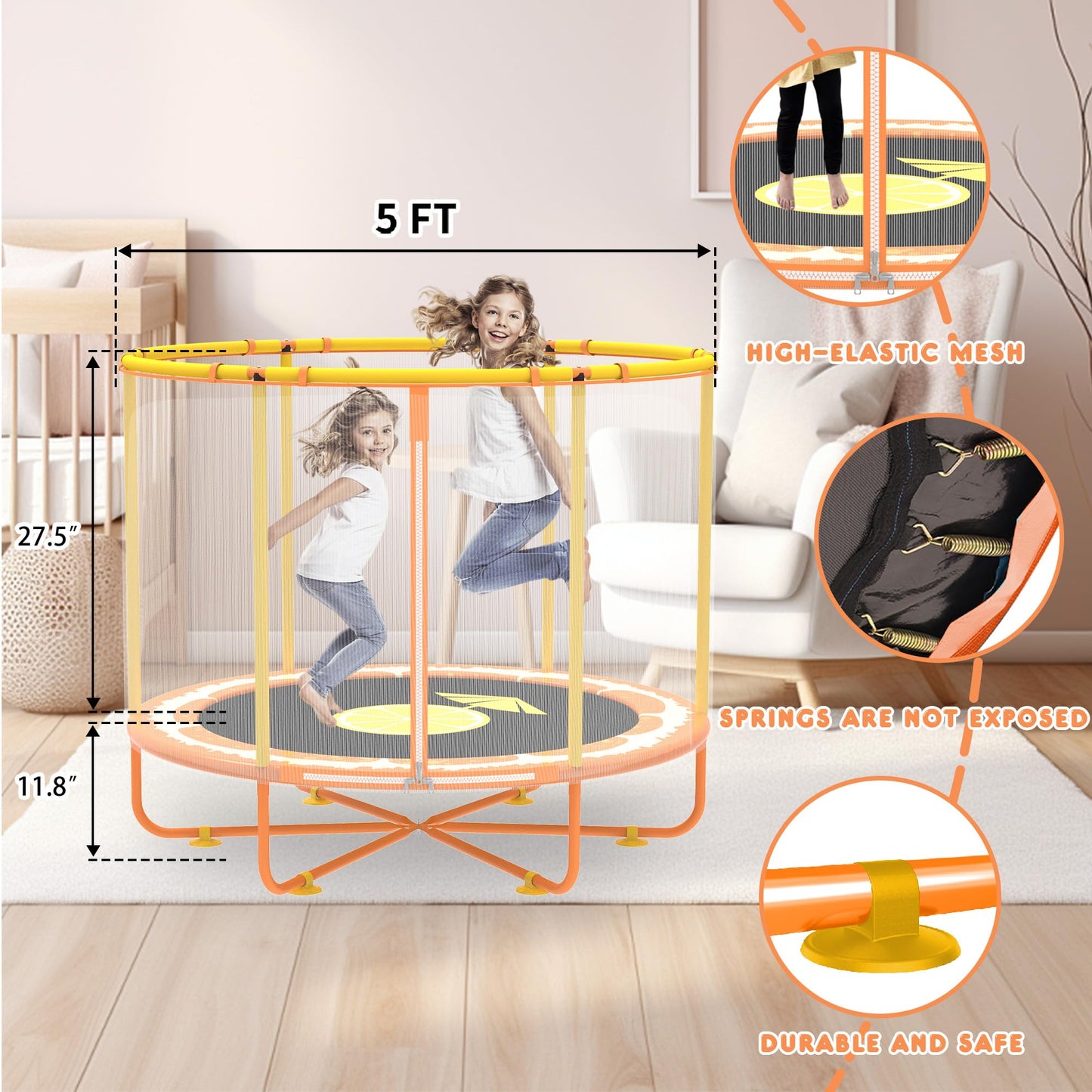 Trampolines for Kids Toddler Trampoline Indoor Trampoline for Kids 2-5 Small with Enclosure Net Foam Bar Handrail Outdoor Back Yard Gifts for Toddlers Boys Girls 5FT Orange