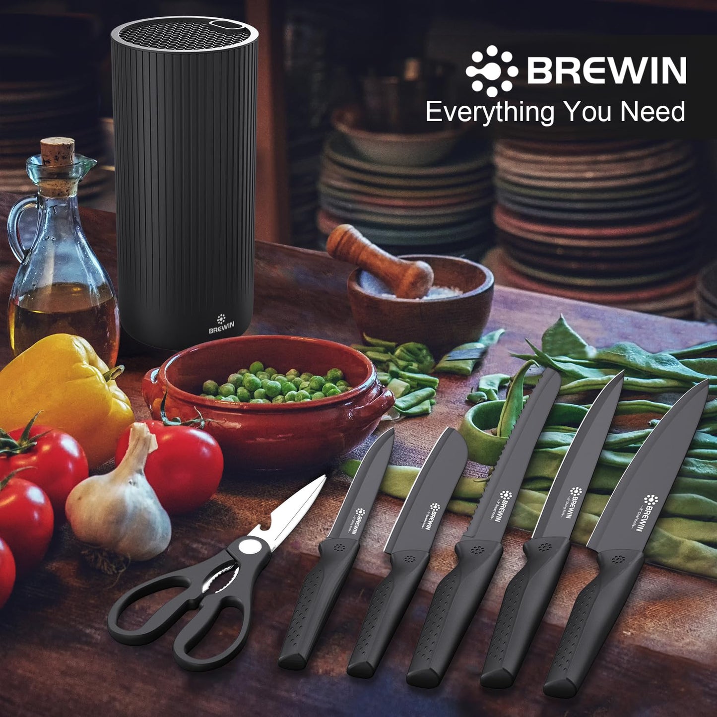 Brewin Knife Set, Kitchen Knife Set, Knives Set for Kitchen with Universal Knife Block, Utility Knife Block Set, Dishwasher Safe. Premium German Stainless Steel, The Best Gift, Black