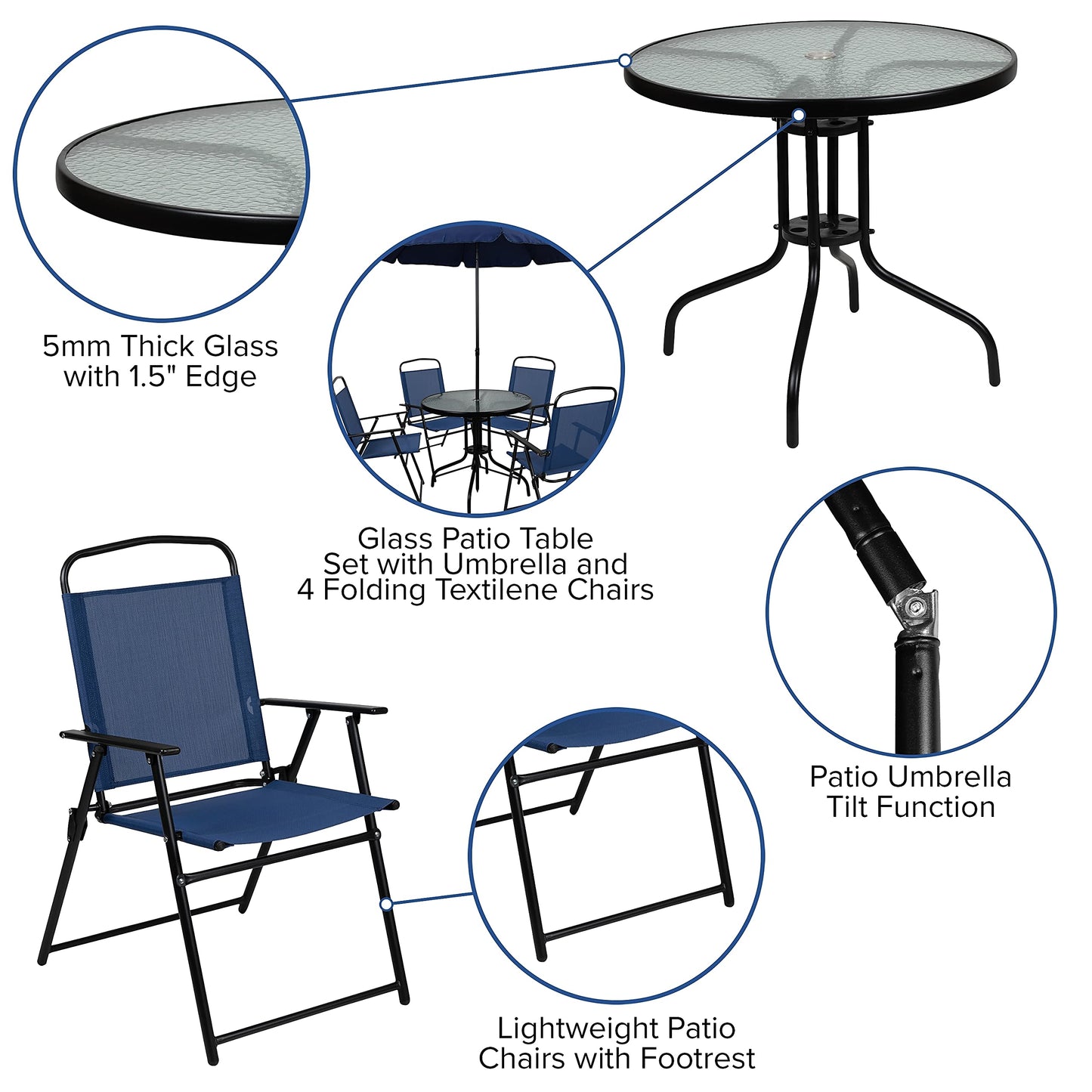 Flash Furniture Nantucket 6-Piece Patio Dining Set with Glass Table, 4 Folding Chairs, and Umbrella, Outdoor Patio Table, Chairs, Umbrella Set, Navy