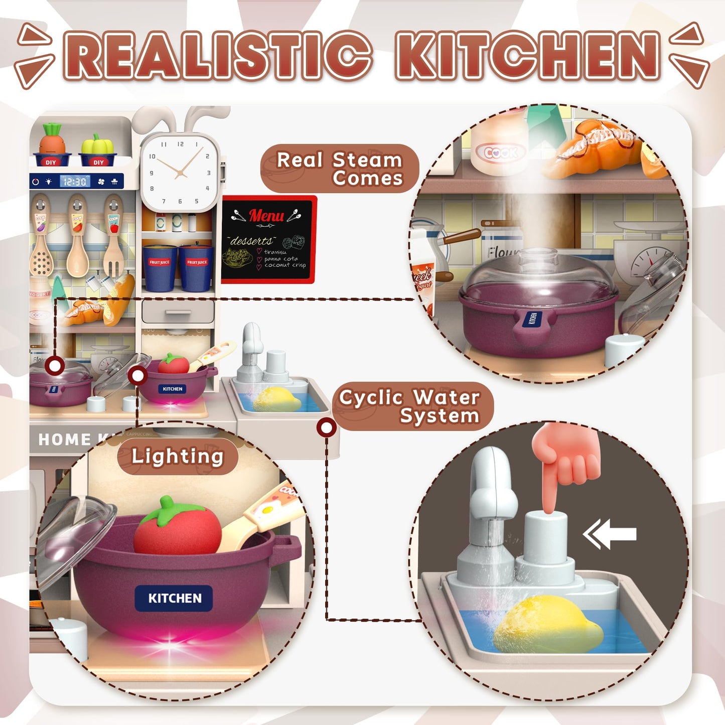 Kids Kitchen Playset with Realistic Steam & Lights