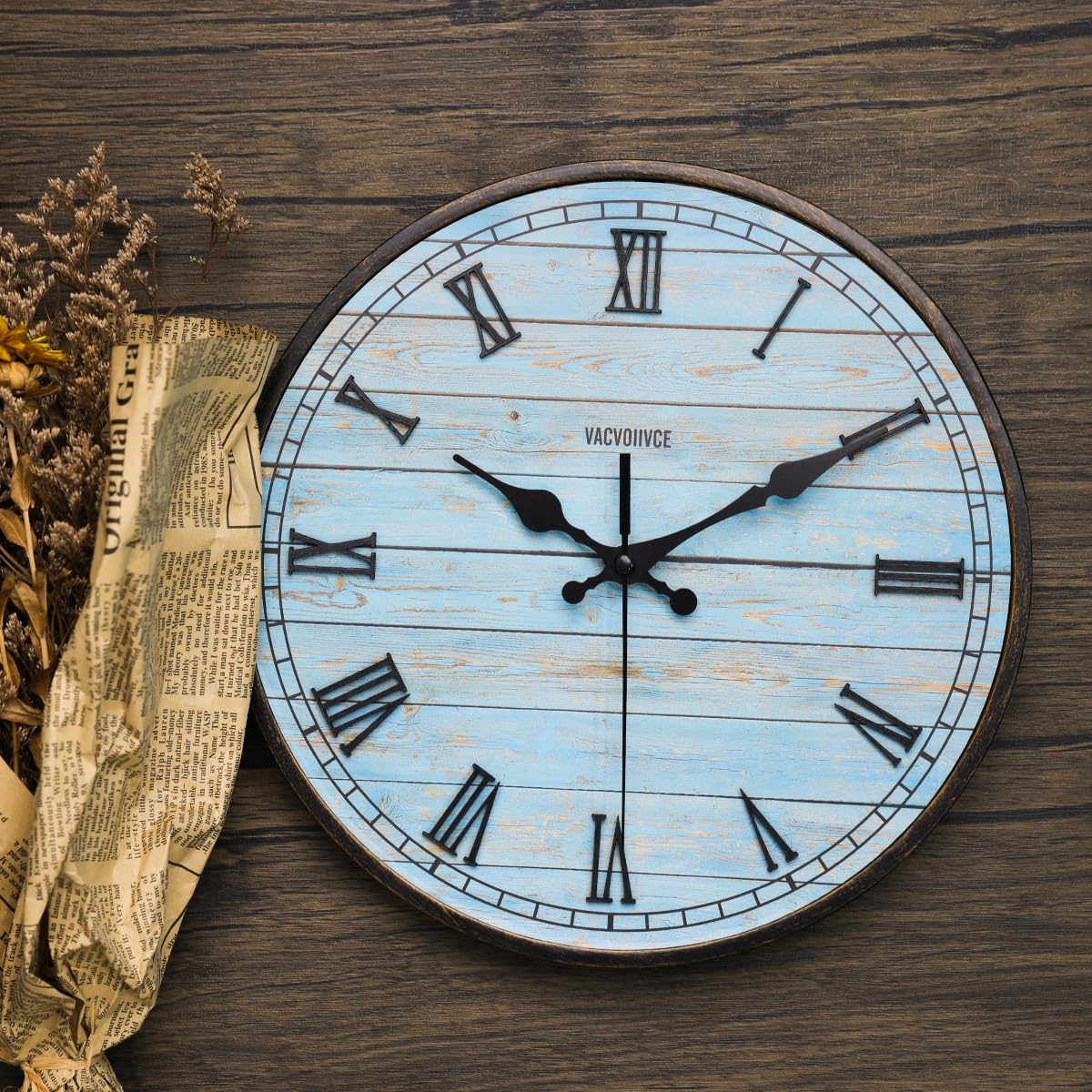 VACVOIIVCE 10 inch Wall Clock, Battery Powered Wooden Farmhouse Clock, Blue Beach Retro Little Wall Clock for Bedroom, Bathroom, Kitchen, Living Room Decoration