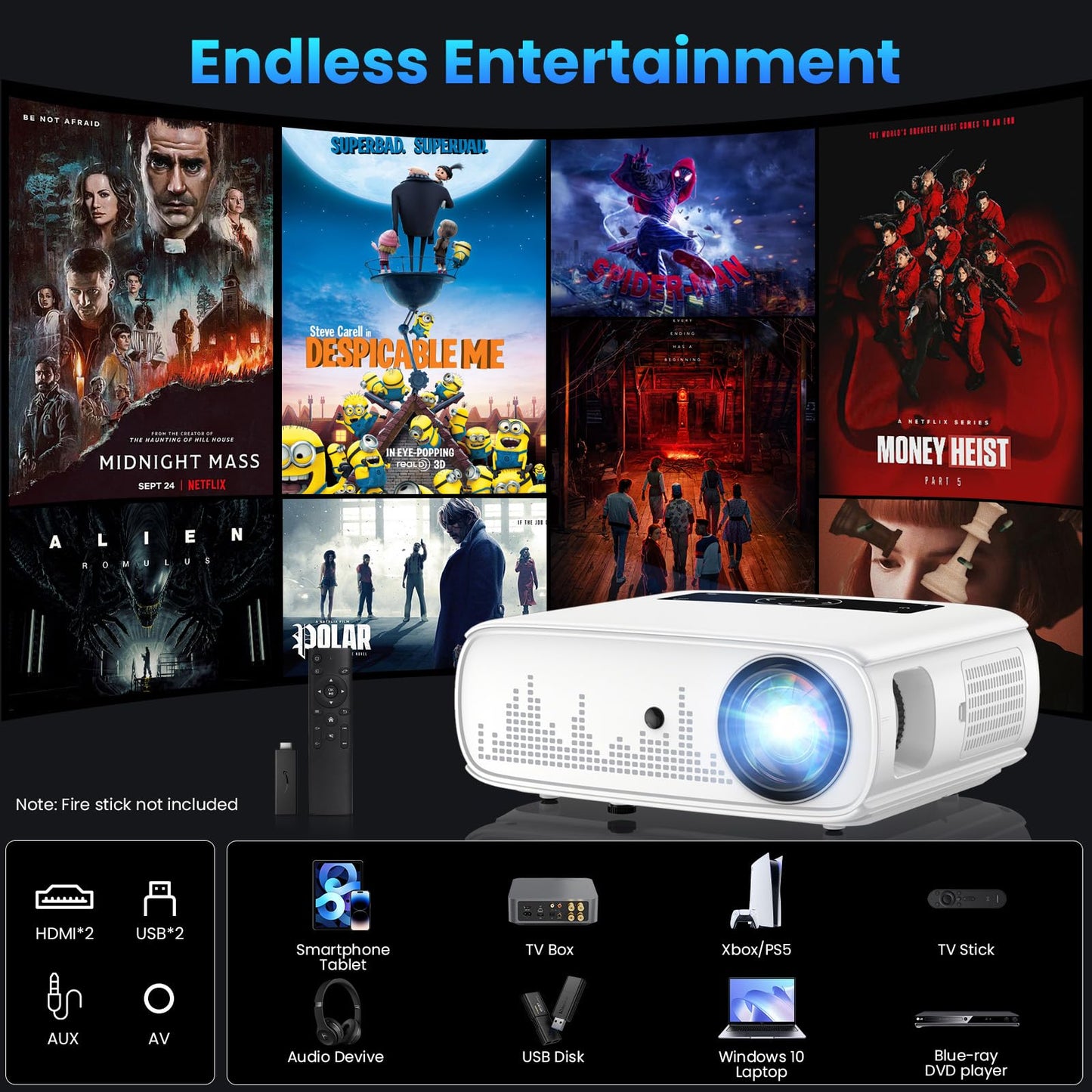 Groview 1080P WiFi Bluetooth Projector, 300'' Screen