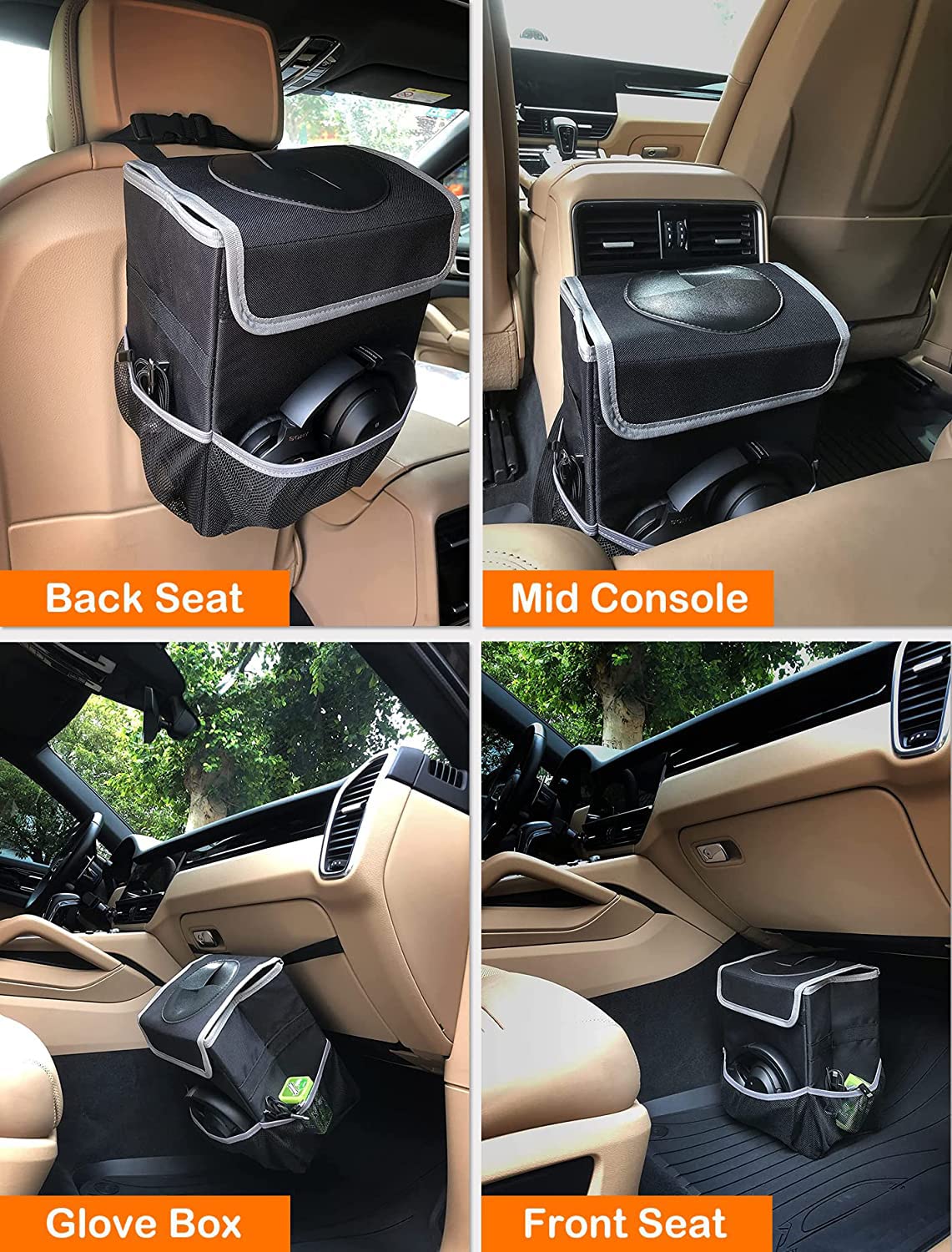 Olitec Car Trash Can with Lid and Pockets Accessories Leakproof/Waterproof Organizer Bin for Storage Garbage Can Bag Trunk Back/Front Seat 2.5 Gallon