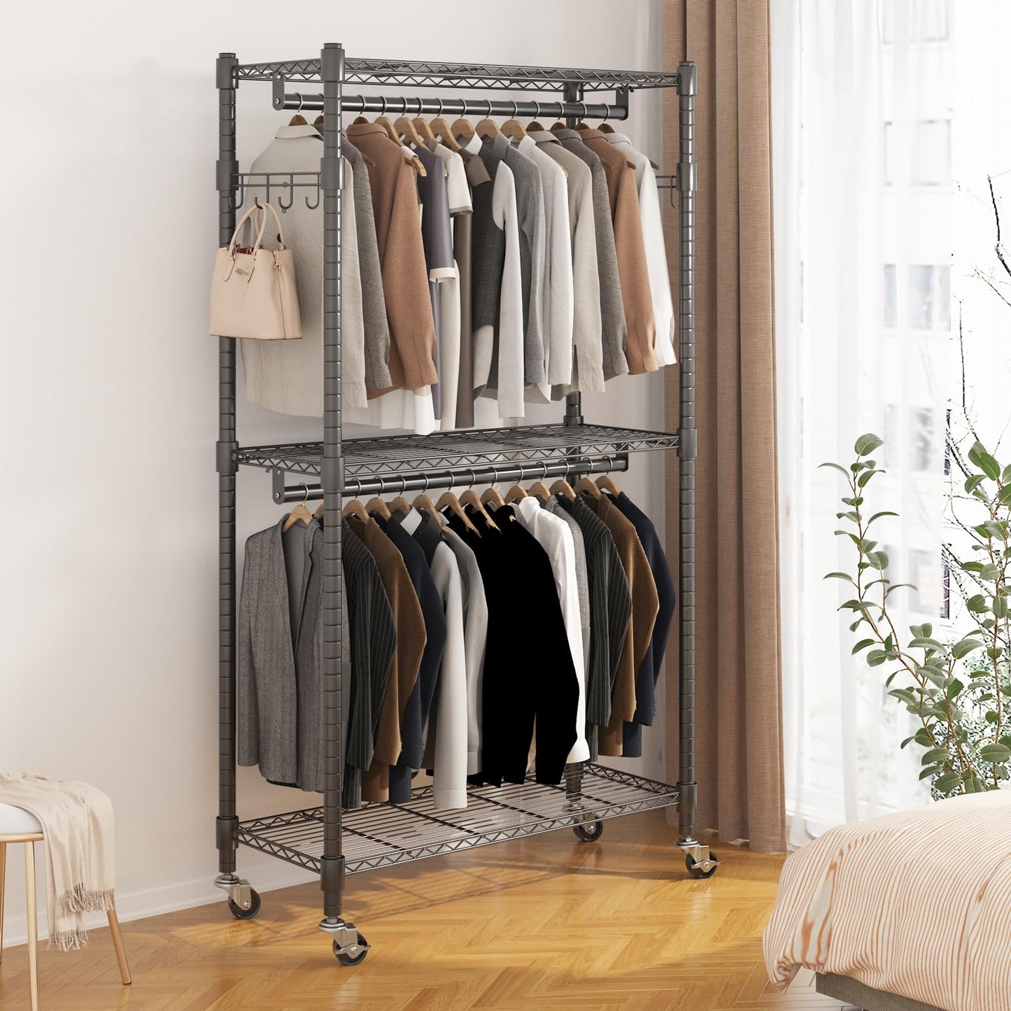 Portable Rolling Garment Rack with Adjustable Shelves