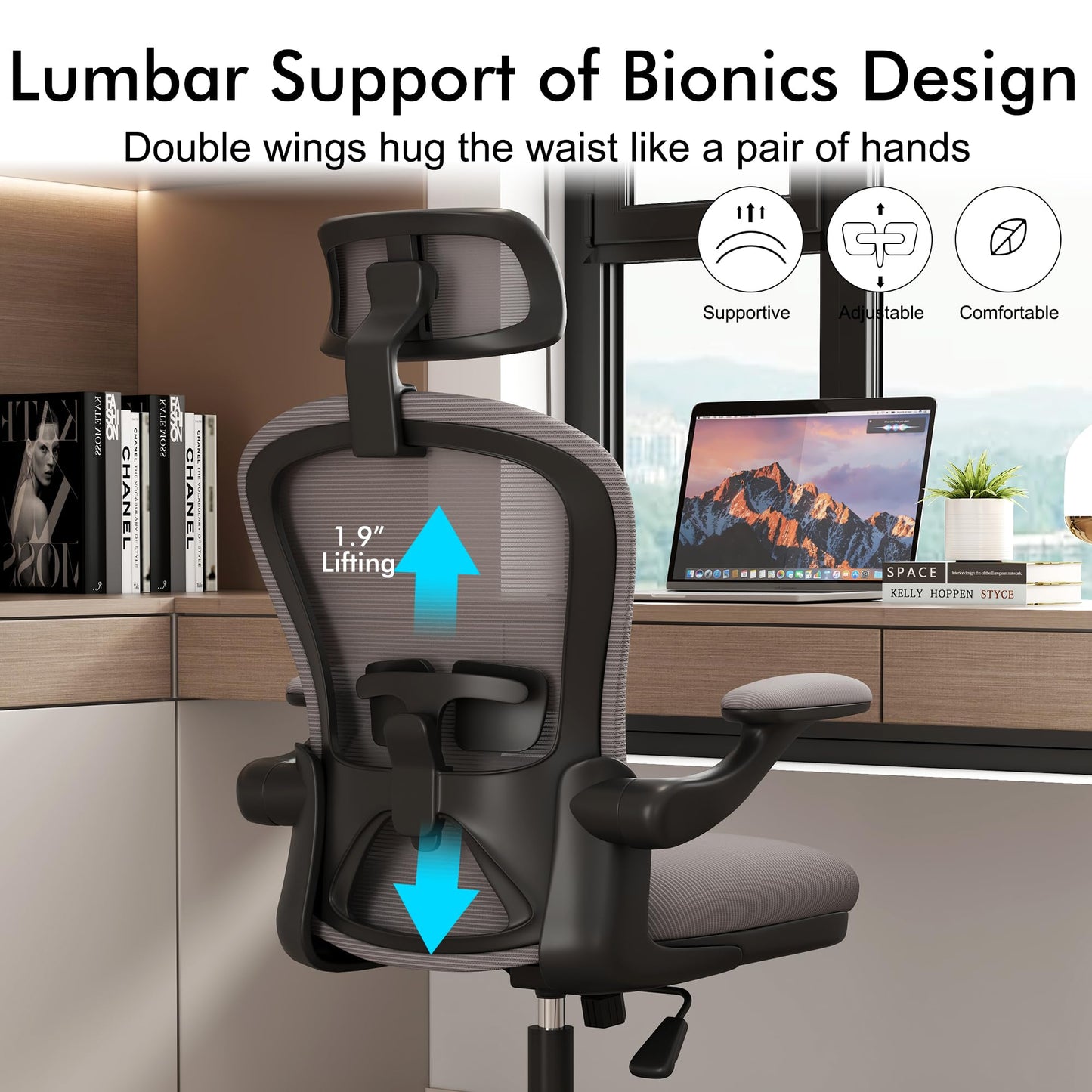Apusen Ergonomic Office Chairs with Adjustable Lumbar Support,Mesh Desk Chair with Adjustable Arms and Wheels,Computer Desk Chair for Home Office Essentials(Headrests,Black)