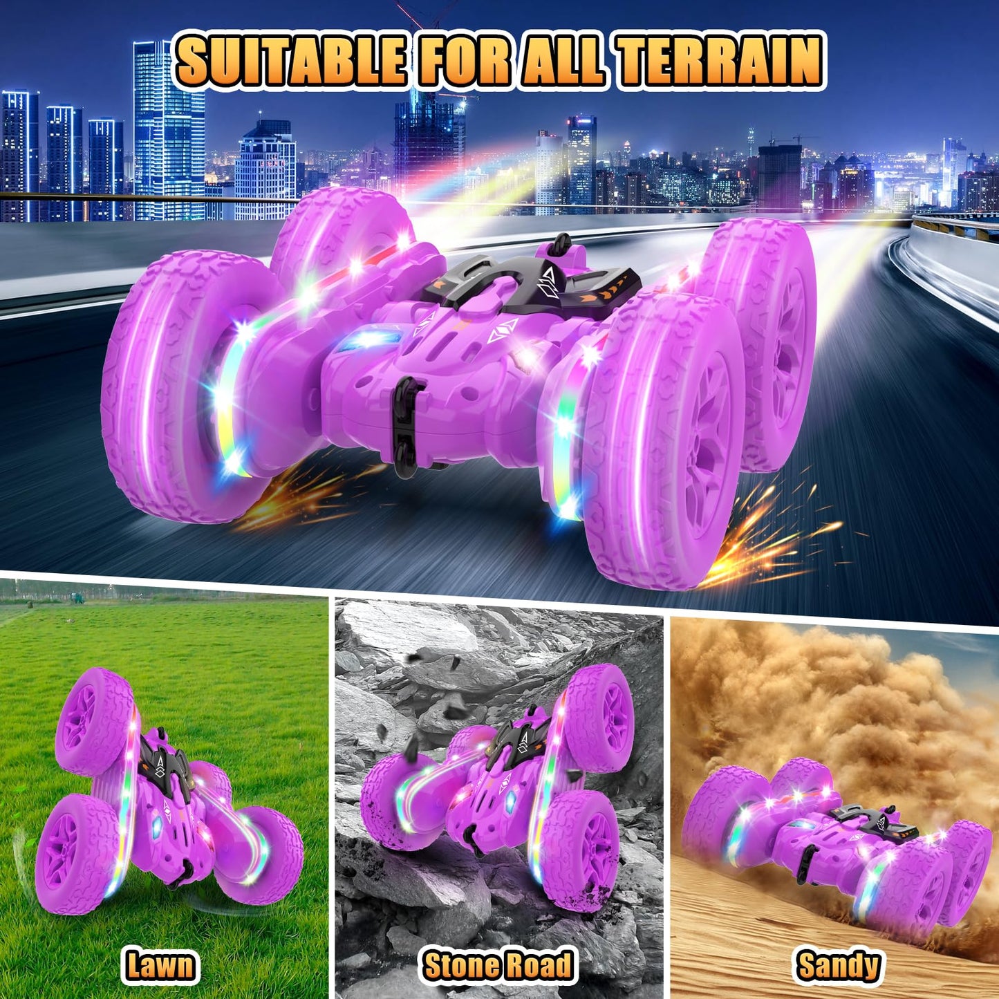 Jimdella Remote Control Car,RC Cars with sides light strip and Headlights,Double Sided 360 Flips Rotating RC Stunt Car,2.4Ghz All Terrain Toys for Ages 4-6 Kid Toy for Boys Girls Birthday Gift(Purple)