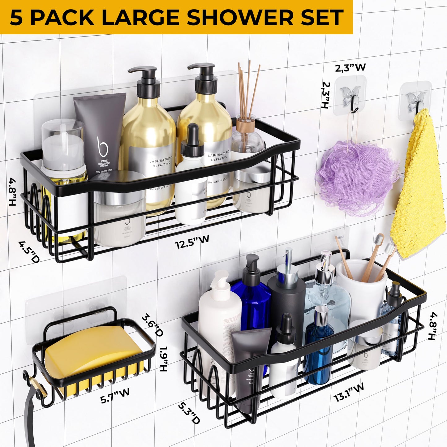 MAYRO Shower Shelves 5 Pack - Rustproof Shower Caddy - Easy to Install - Self Adhesive Bathroom Shower Organizer - Durable Shower Shelf for Inside Shower - Large Capacity Black Shower Rack