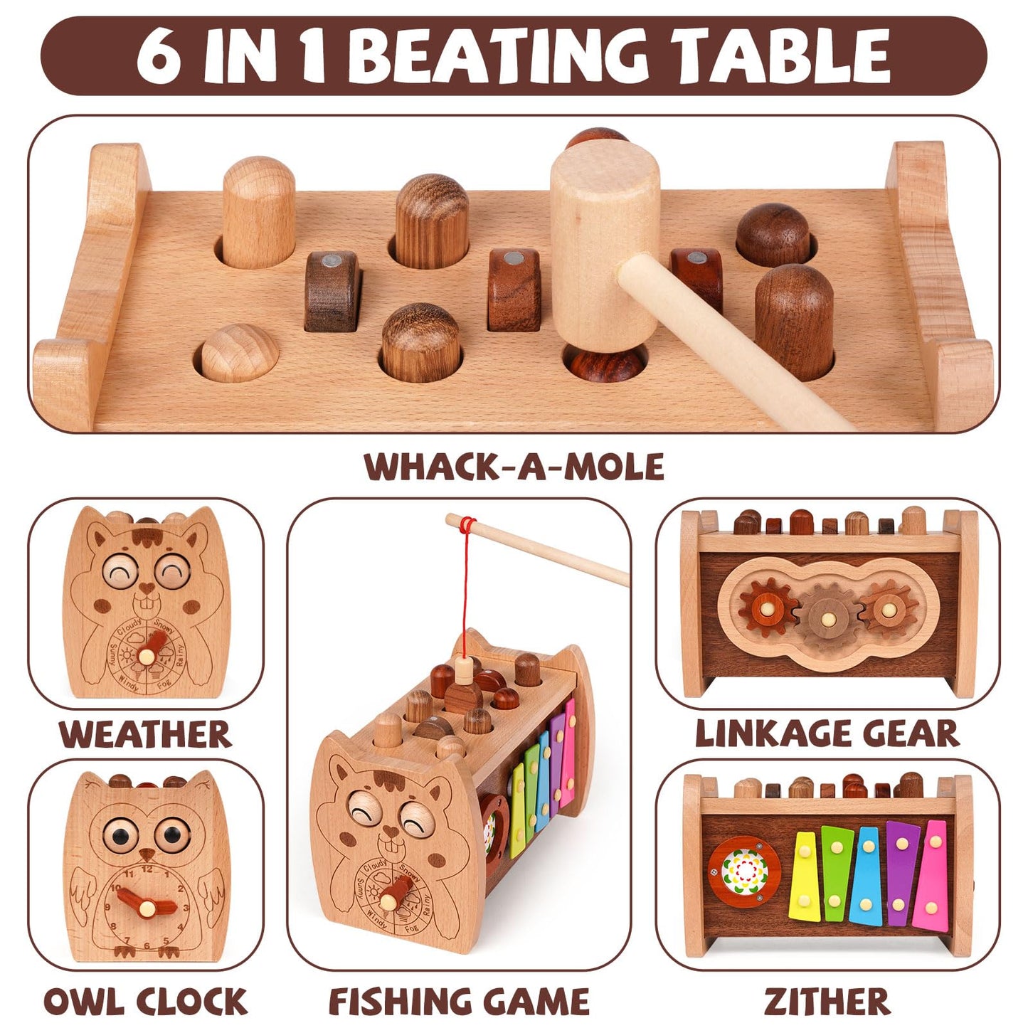 6-in-1 Wooden Montessori Hammer Toy for Toddlers
