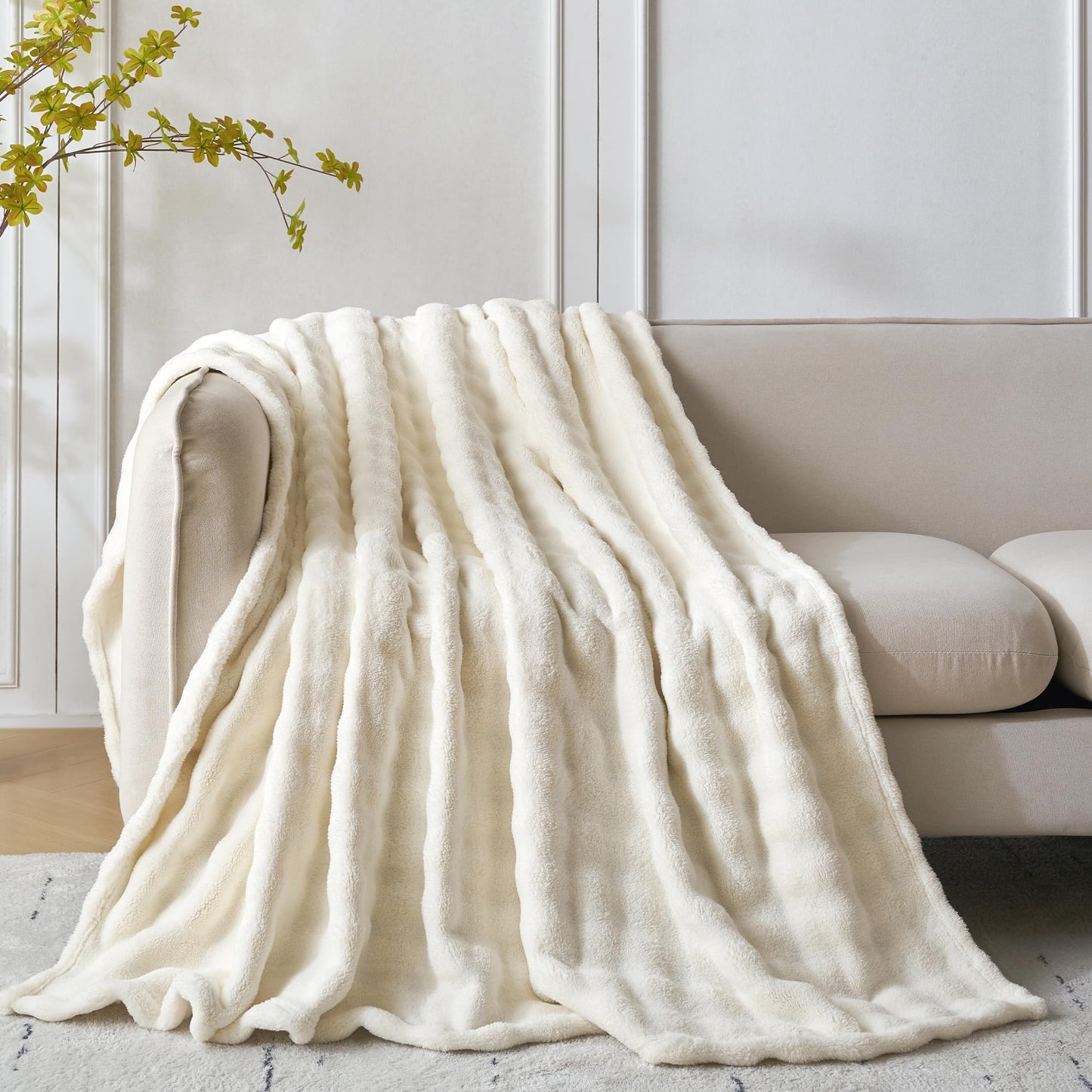 COOVA Super Soft Fuzzy Throw Blanket, Ivory