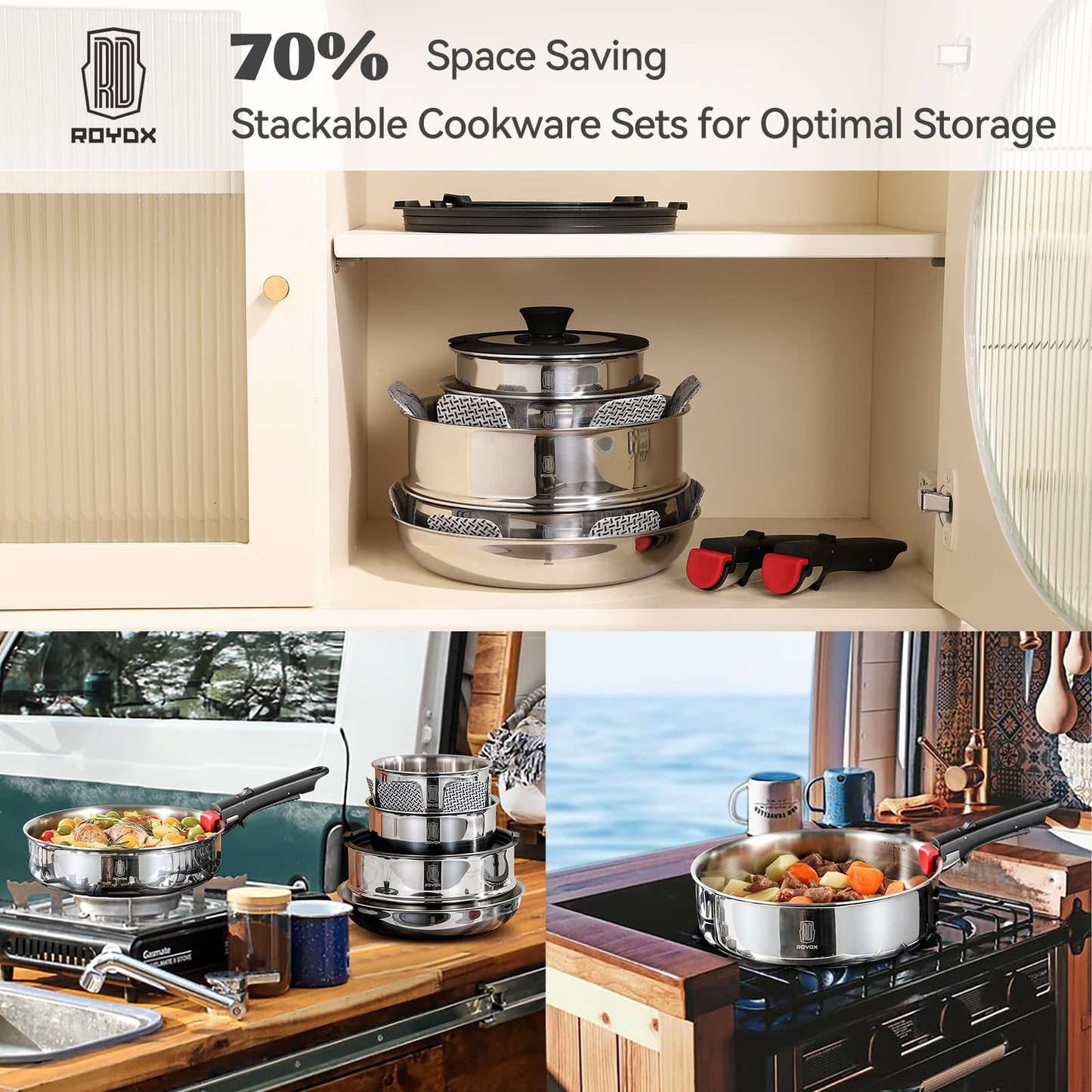 16-Piece Stainless Steel Cookware Set with Detachable Handles