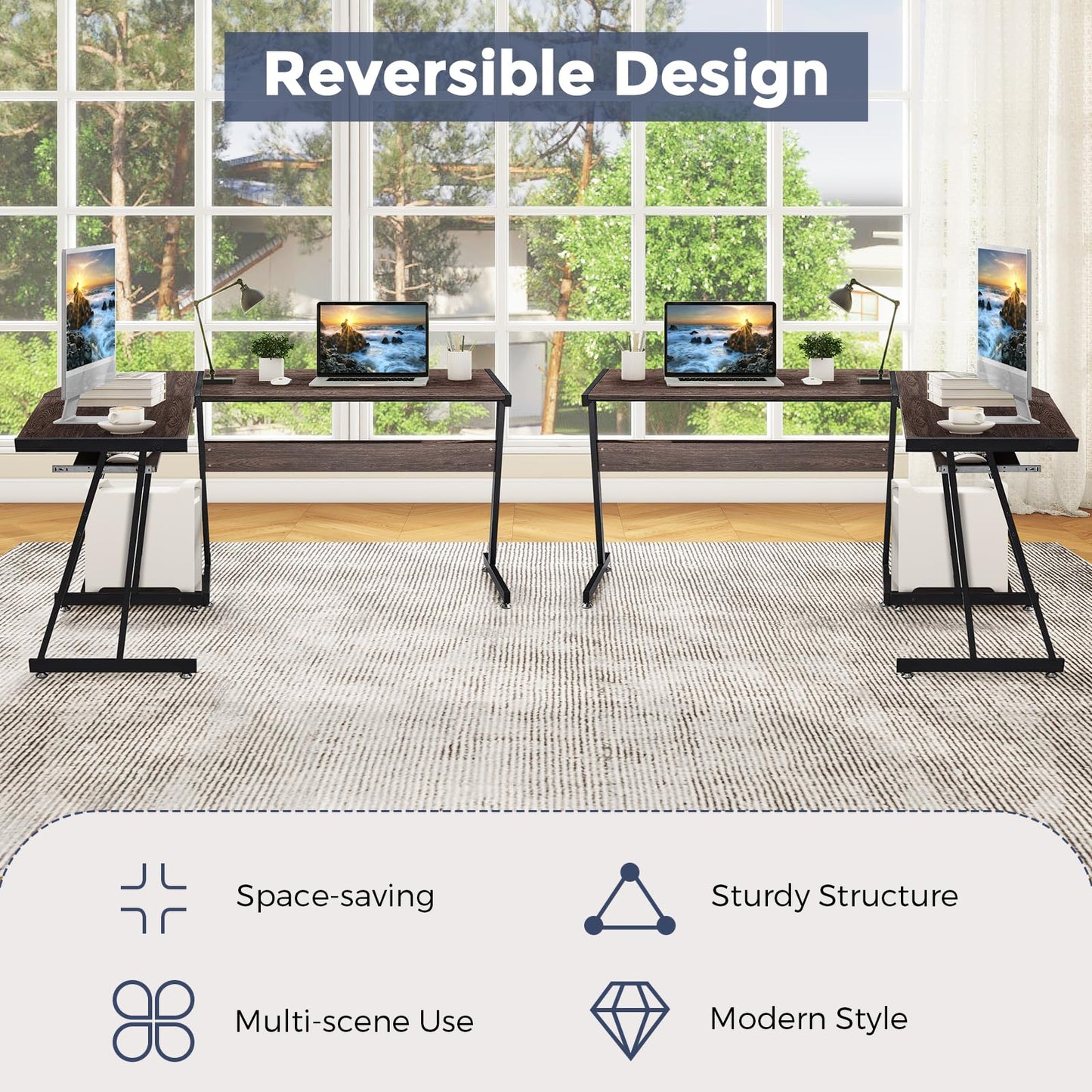 IULULU Computer Desk, Home Office Writing Table, Modern Simple Study Workstation, Stable Metal Frame, Easy Assembly, Brown