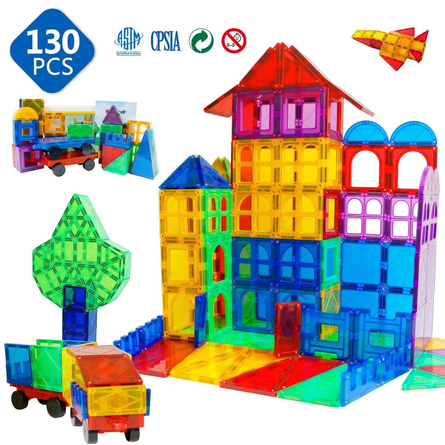 MAGBLOCK Magnet Building Tiles 130 Pcs 3D Toys Magnets Magnetic Blocks Set Preschool Toys Gifts