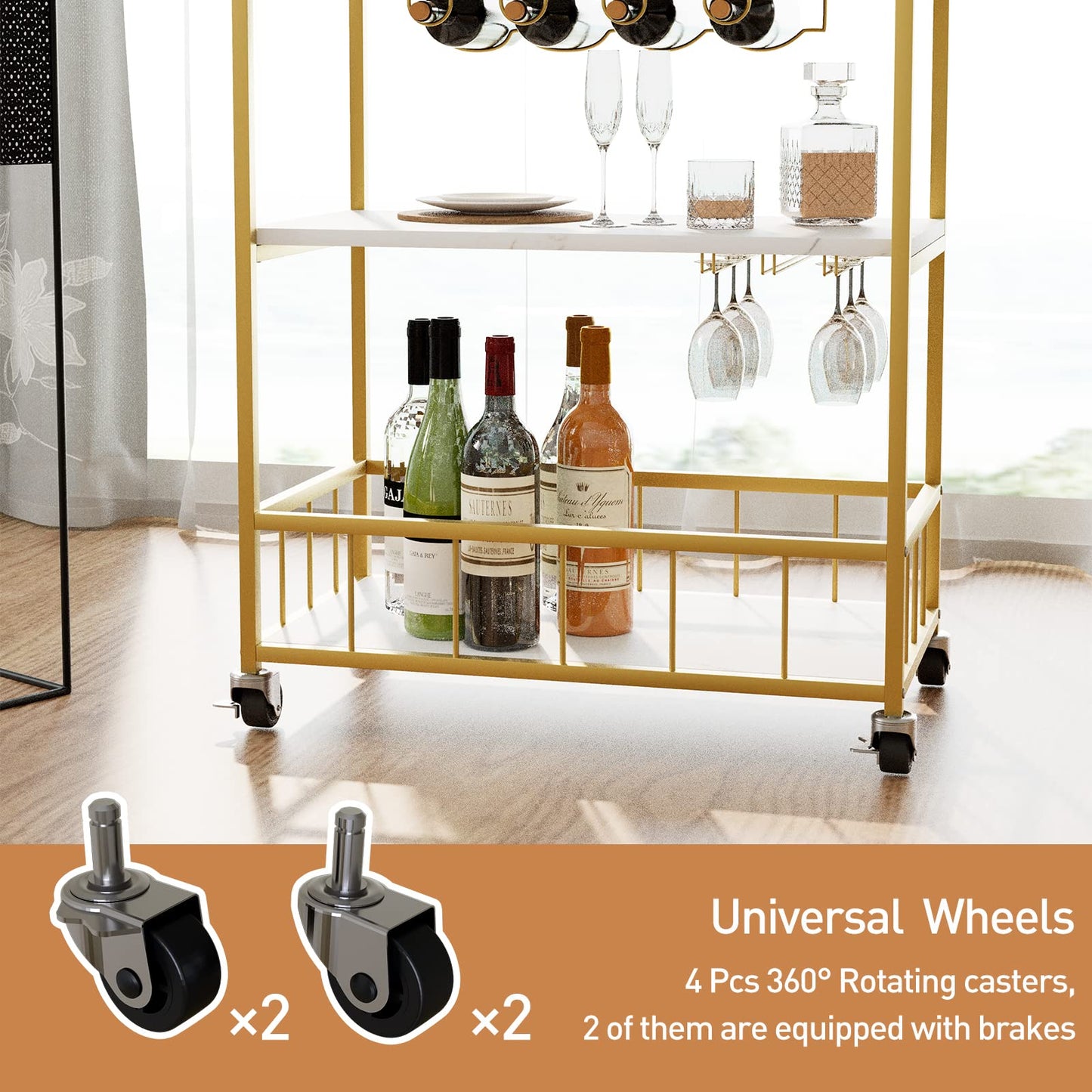 aboxoo Bar Cart White Marble 3 Tiers Removable Storage Tray with Wine Rack & Wine Glasses Holder,Rolling Beverage Mobile Bar Serving Cart with Handle Wood and Gold Steels Home Kitchen Shelf for Party