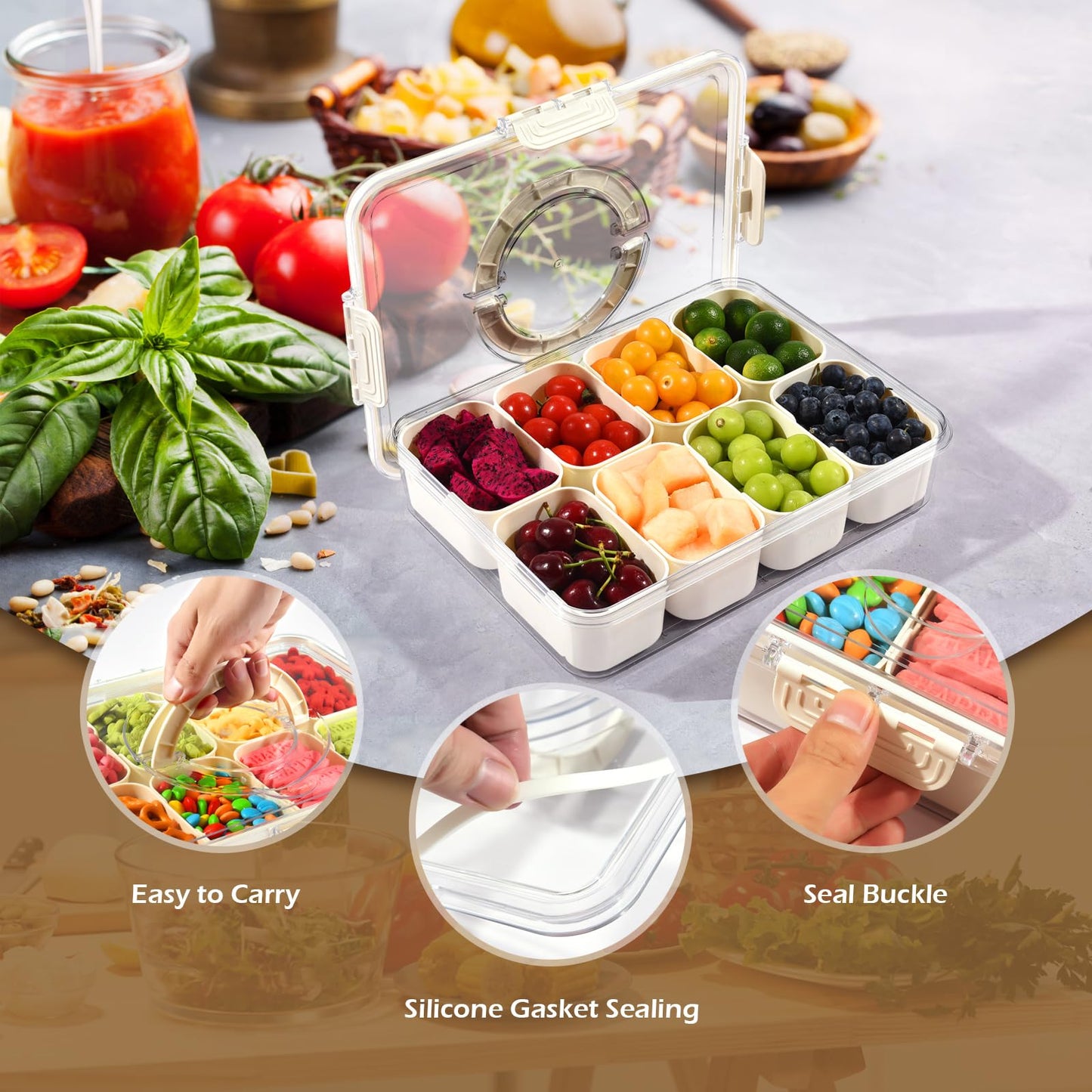 joyddo Divided Serving Tray with Lid and Handle,Snackle Box Container mit 8 Compartments Clear Serving Platters and Trays,Snack Platters for Veggie Fruits Tray, for Picnic Party Travel(with 4 Forks)