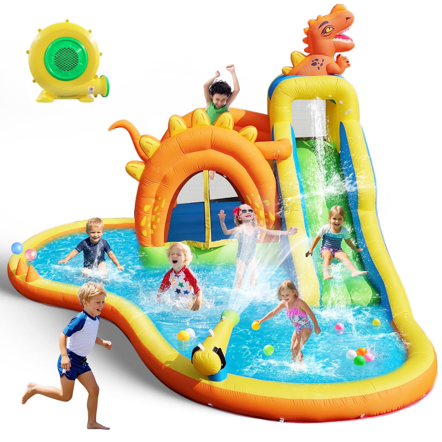 Dinosaur Inflatable Water Slide Park - 7 in 1 Bounce House with Slide, Jump Area, Splash Pool, Climbing Wall & Basketball Hoop | 480W Blower Included | Indoor/Outdoor Backyard Play for Kids 3-10