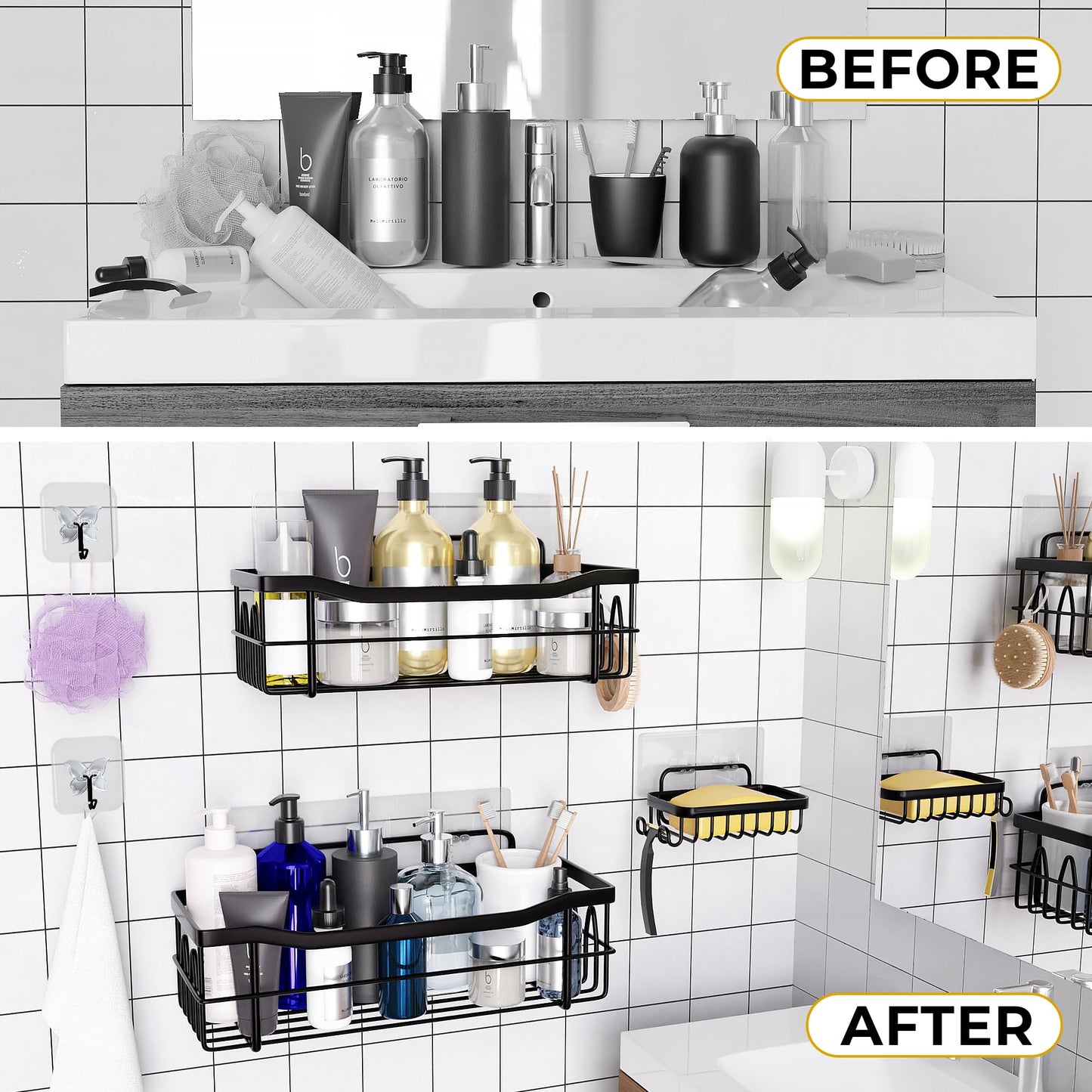 MAYRO Shower Shelves 5 Pack - Rustproof Shower Caddy - Easy to Install - Self Adhesive Bathroom Shower Organizer - Durable Shower Shelf for Inside Shower - Large Capacity Black Shower Rack