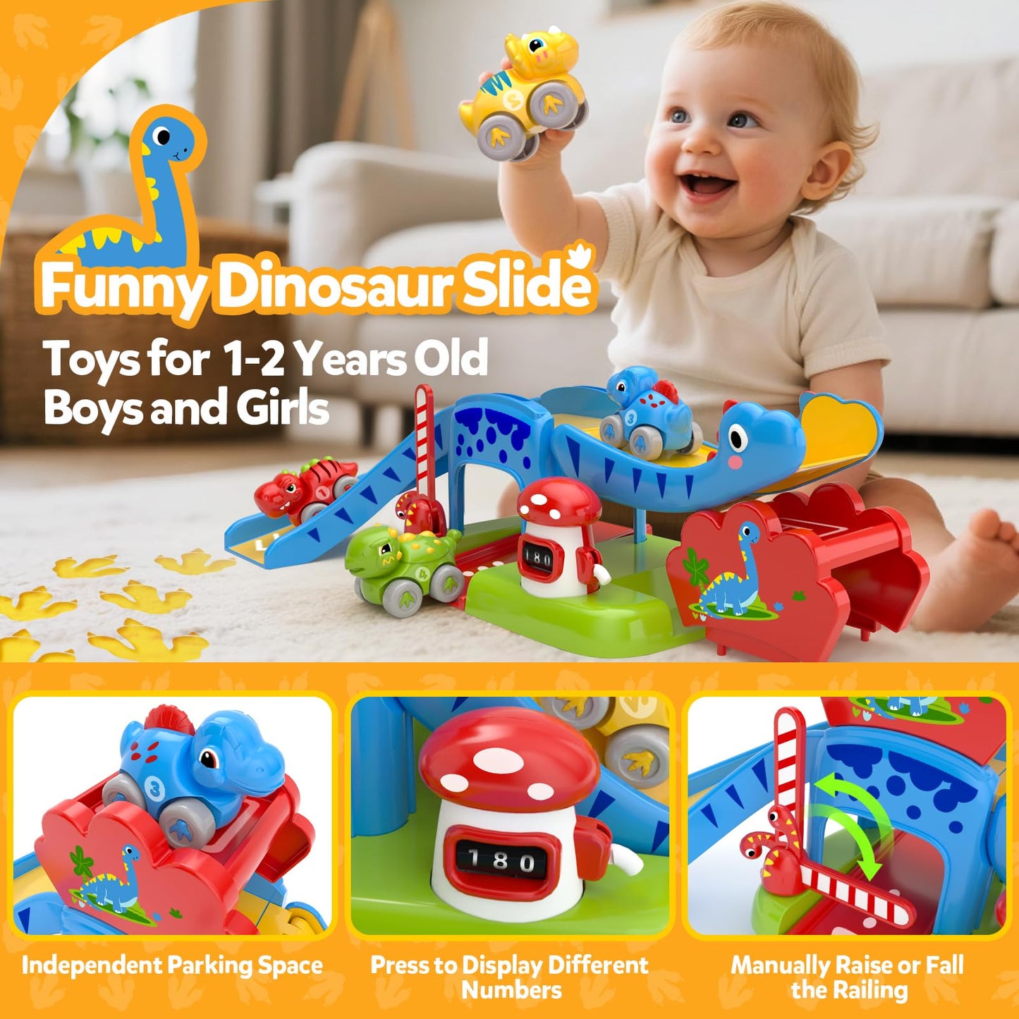 Toddler Toys for 1 Year Old Boy Gifts - Educational Dinosaur Slide Set with 4 Color/Number Push Cars and Playmat, Montessori Learning Toy for Baby 12-18 Months, 1st Birthday Present Ages 1-1.5, Red