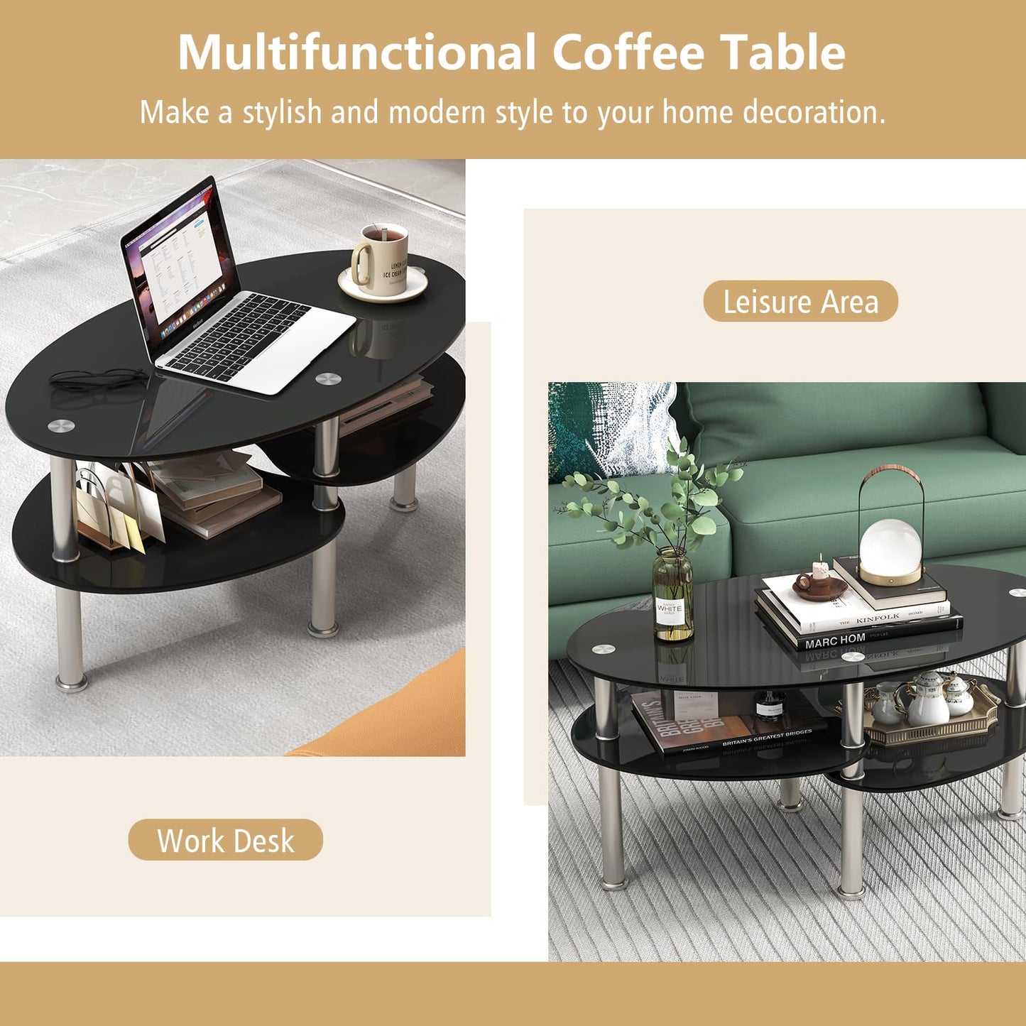 Giantex Oval Glass Coffee Table with Chrome Legs