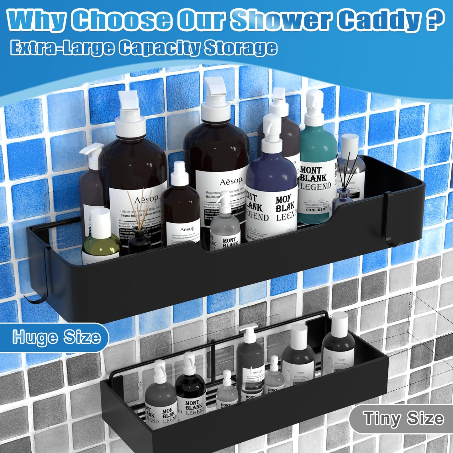 Hoenart Large Shower Caddy, 4 Pack Adhesive Shower Caddy Shelf, Bathroom Shower Organizer, Shower Shelves for Inside Shower, Drill-Free, Quick-Dry, Rustproof Stainless Steel Shower Storage (Black)