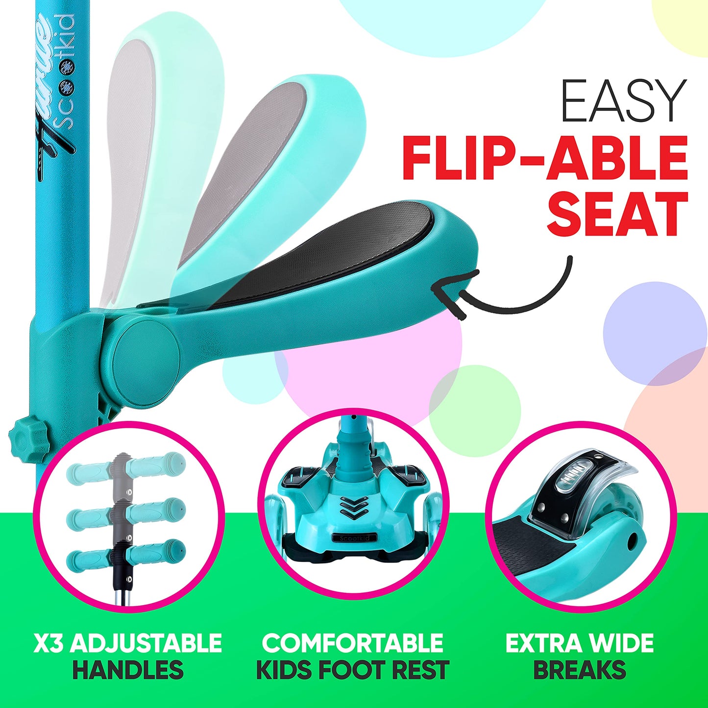 Hurtle Kids Scooter - Child Toddler Kick Scooter Toy with Foldable Seat - 3 Wheel Scooter with Adjustable Height, Anti-Slip Deck, Flashing Wheel Lights, for Boys/Girls 1-12 Year Old, Teal