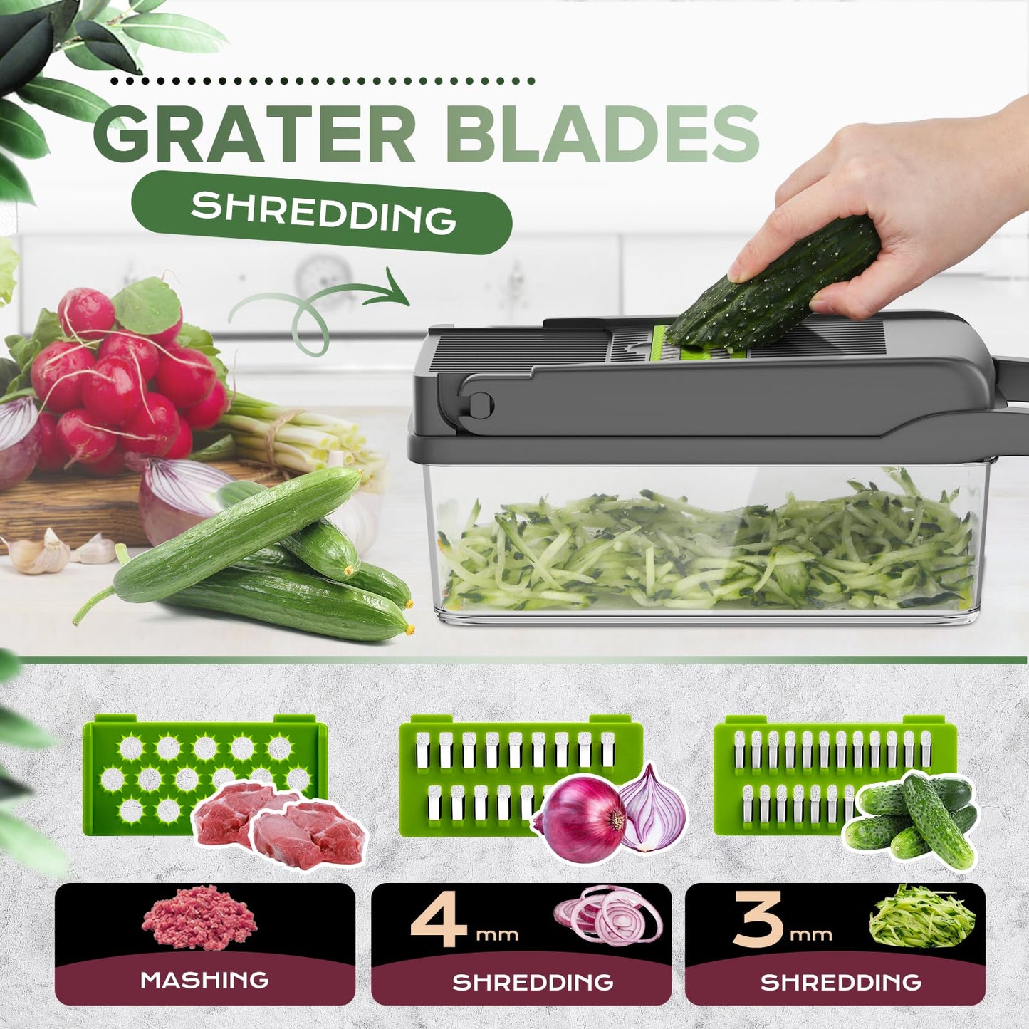 Vegetable Chopper, Raipeu 14 in 1 Multifunctional Food Chopper With Vegetable Peeler, Kitchen Vegetable Slicer Dicer Cutter with Container, Chopper for Onion Carrot Cucumber(Grey)