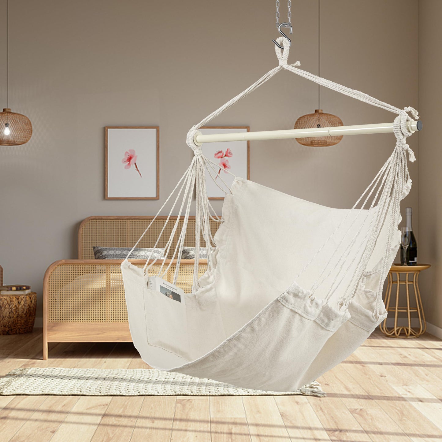 HBlife Hammock Chair Max 350 LBS Hanging Chair with Portable Metal Rod Cotton Rope Hammock Swing for Bedroom, Beige