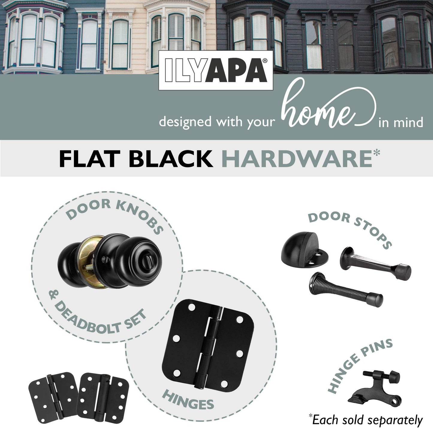 Ilyapa Privacy Black Door Knobs Interior, Bathroom Bedroom Door Knobs - Colonial Black Privacy Door Knob, Keyless Turn Thumb Locking Round, Matte Black, 10 Pack Multi Pack Door Knobs