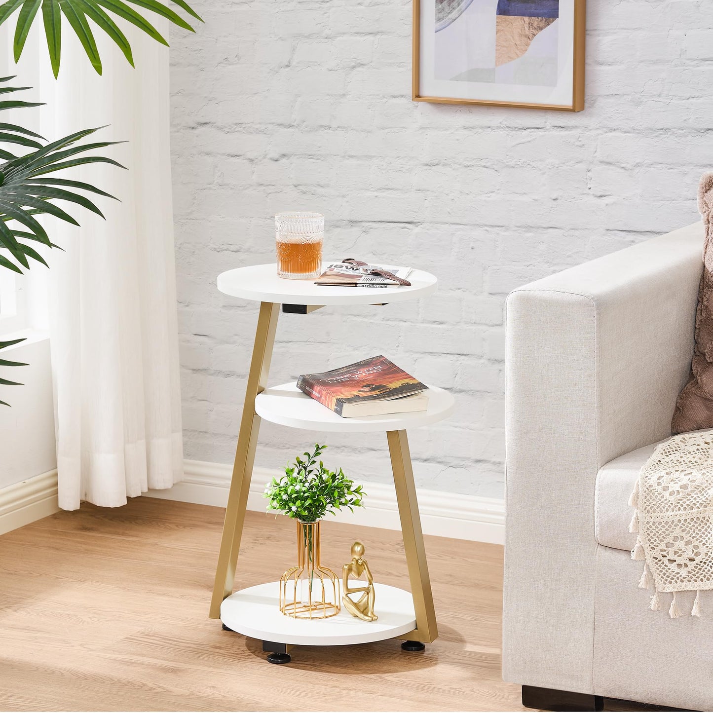 BEWISHOME Round End Table Side Table with Metal Frame, Accent Bedside Table Nightstand with 3-Tier Shelves, Small Table for Living Room Bedroom Couch Table Small Coffee Table White Gold KTZ41M