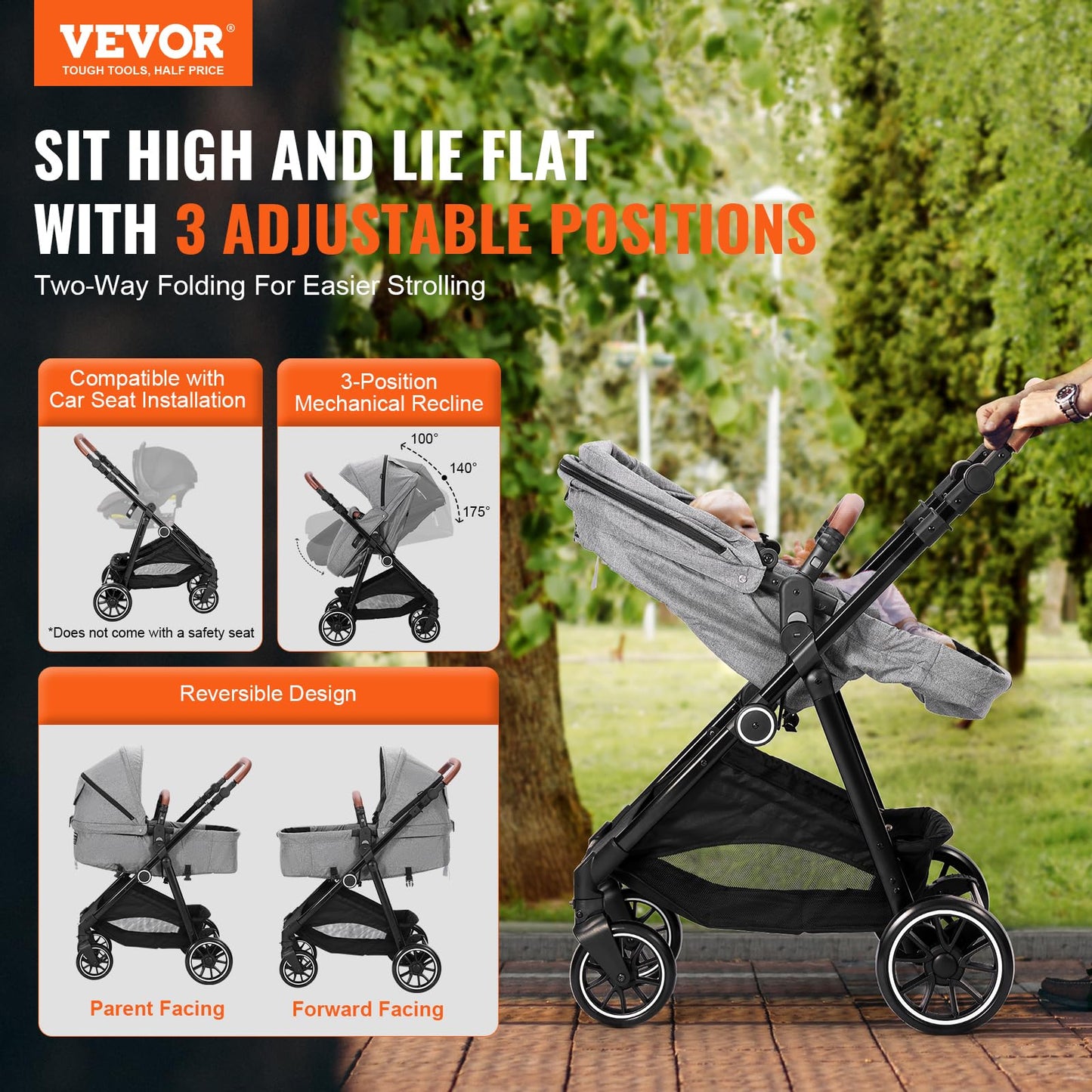 VEVOR Standard Baby Stroller, Infant Toddler Stroller with Bassinet, 3rd-Gear Adjustable Backrest & Foldable & Reversible Seat, Carbon Steel Newborn Stroller with Leg Cover and Mesh Net, Black