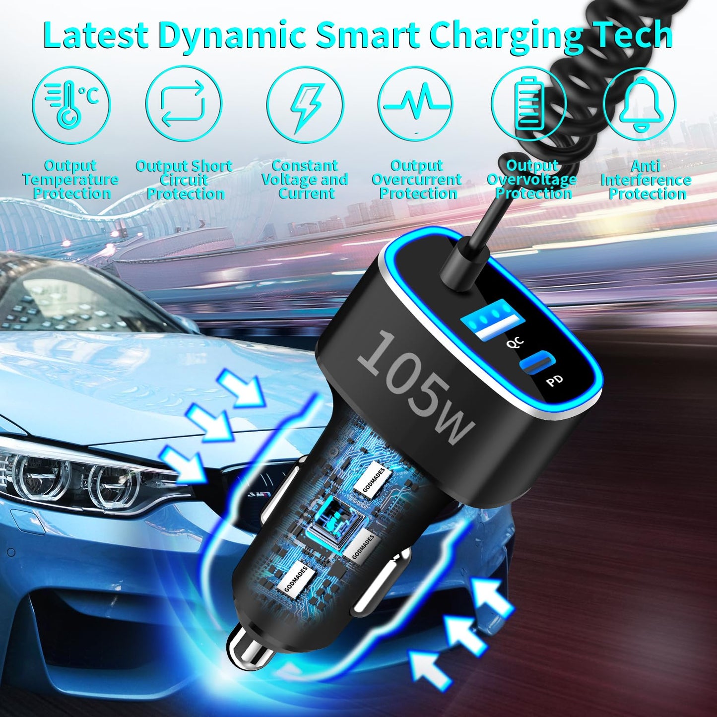 105W USB-C Fast Car Charger with 6FT Cable