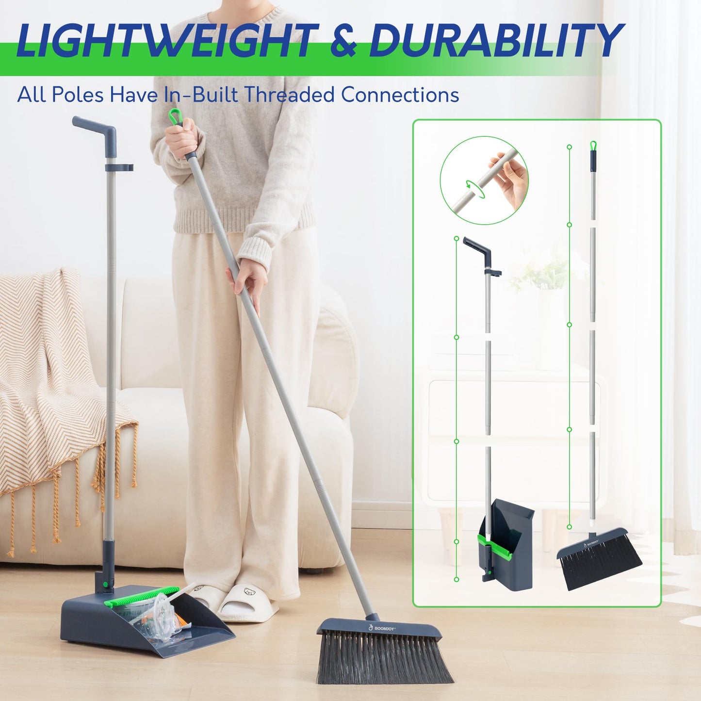 BOOMJOY Adjustable Broom and Dustpan Set