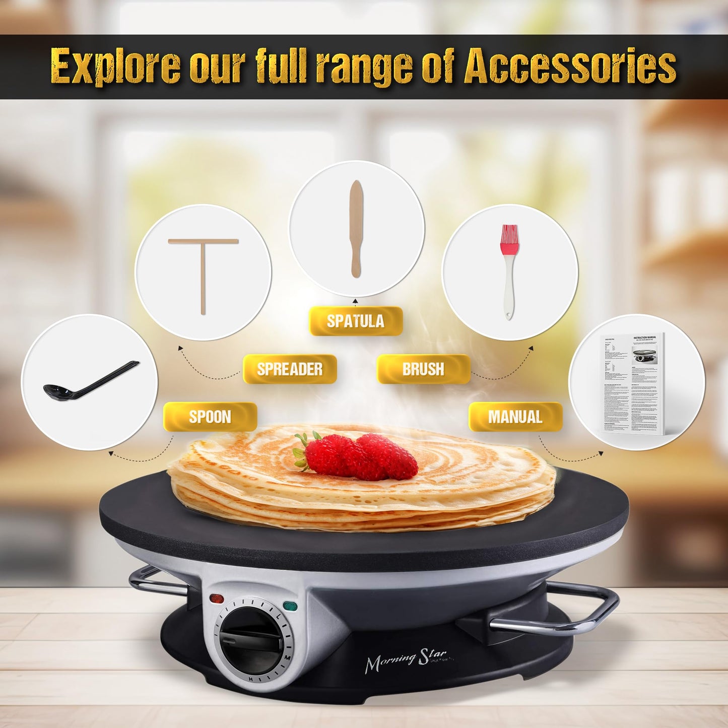 Morning Star 13" Electric Crepe Maker - Easy usage with Temperature Knob, Portable, Non Stick - Perfect for Gifting, Pancake, Quesadilla, Roti, Omelette(Standard) (Standard) (Pancake Maker)