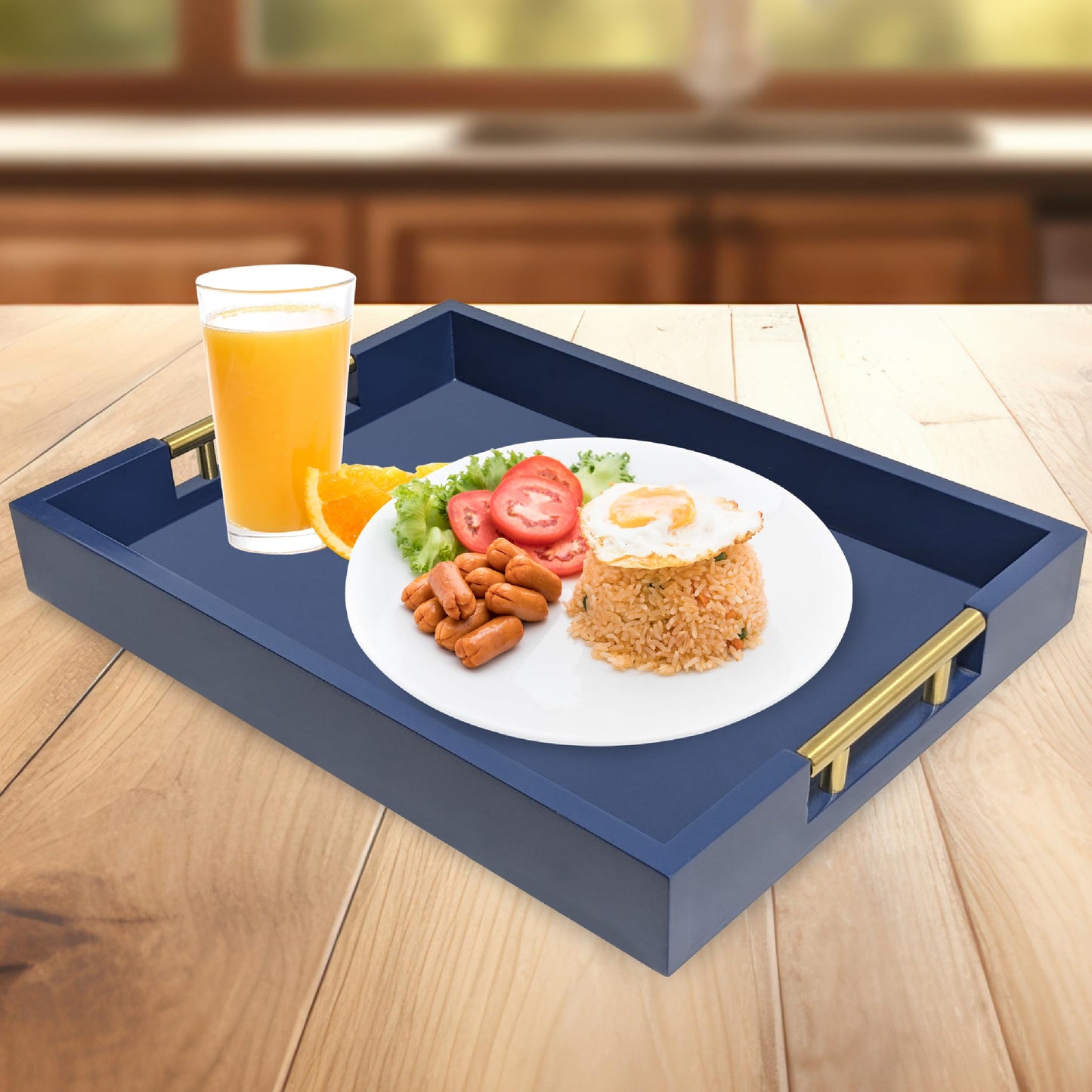 Decorative Rectangle Navy Blue Serving Tray with Handles includes 4 Matching Coasters, Ottoman Tray - Tea and Coffee Table, Modern Wooden Tray for Living Room