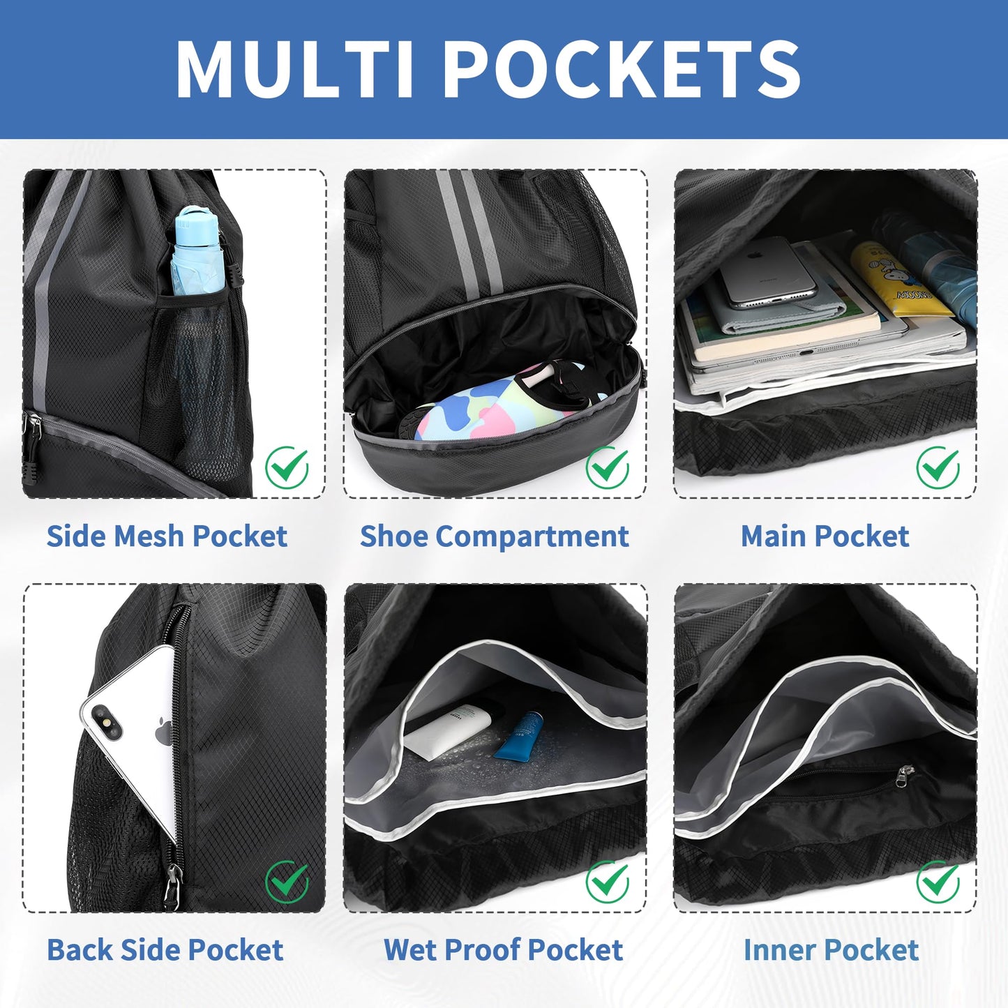 Drawstring Swim Backpack with Shoe Compartment