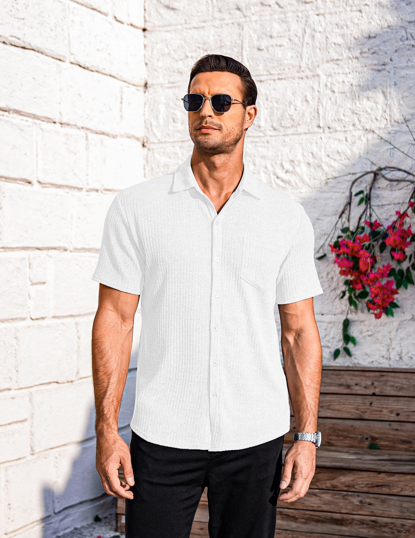 COOFANDY Men Muscle Fit Dress Shirts Slim Fit Knitted Short Sleeve Casual Button Down Shirt White