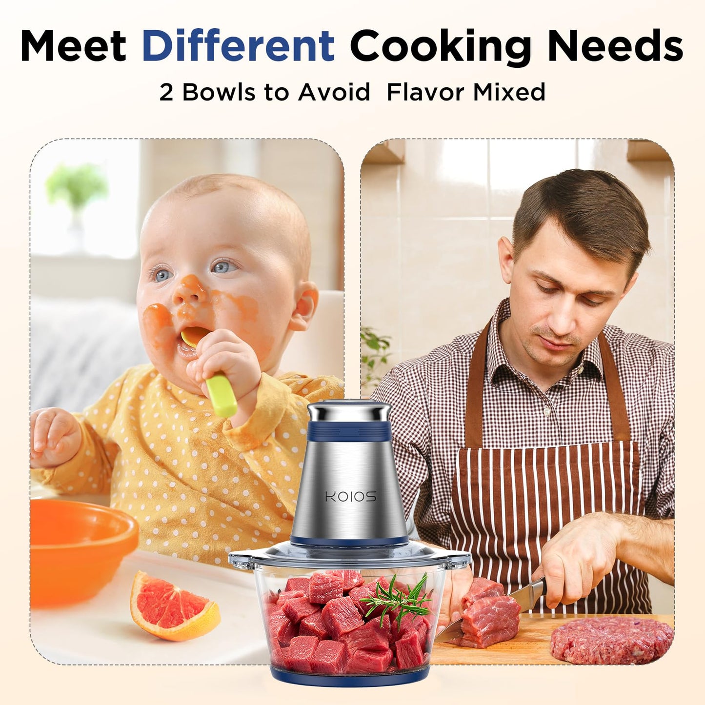 KOIOS 500W Electric Food Processor with 2 Bowls
