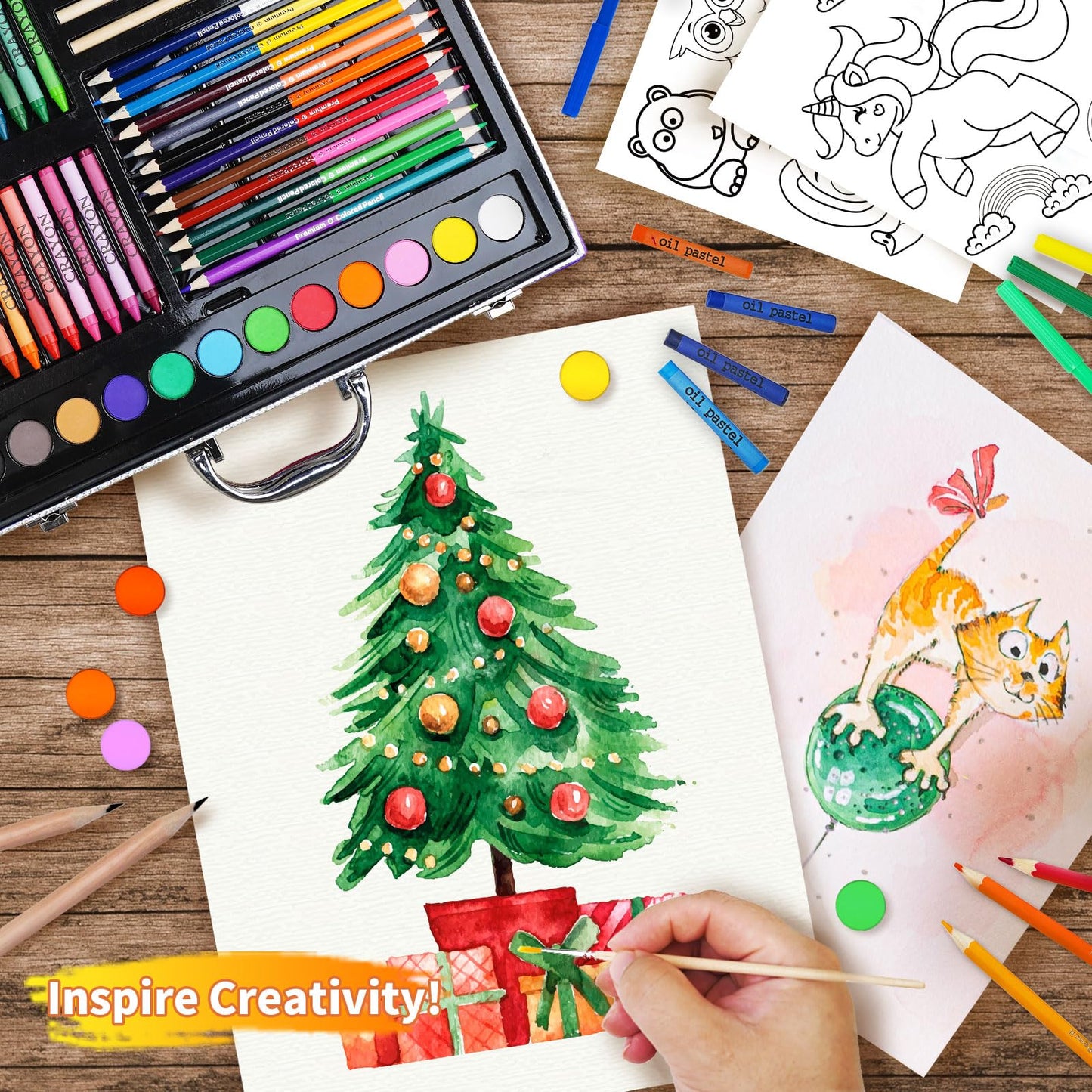 Cokiki Art Supplies, 184-Piece Drawing Art Set, Christmas & Birthday Art Kit for Kids 4 5 6 7 8 9+ with Colored Pencils,Crayons,Oil Pastels,Watercolor Paint Set