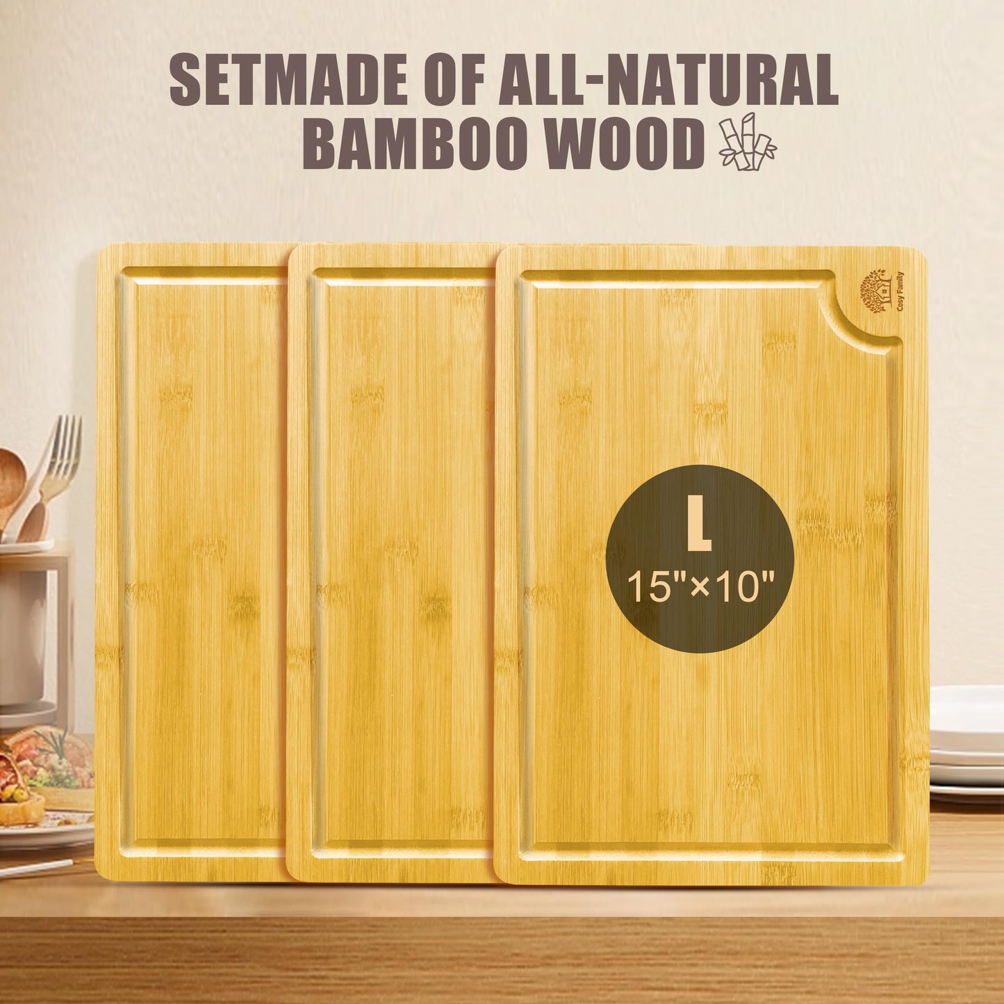 Bamboo Cutting Boards Set of 3 with Juice Groove