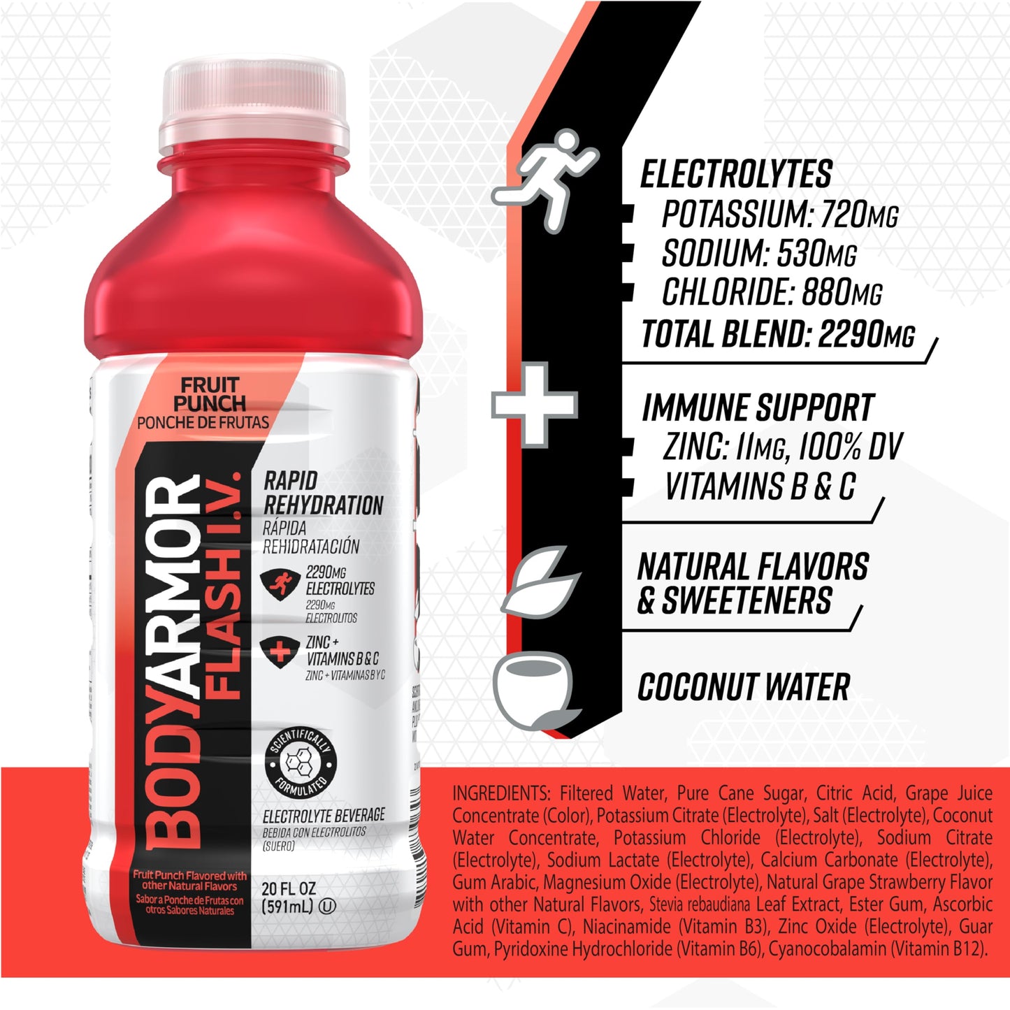 BODYARMOR Flash I.V. Electrolyte Beverage, Fruit Punch, 20 Fl Oz (Pack of 12)