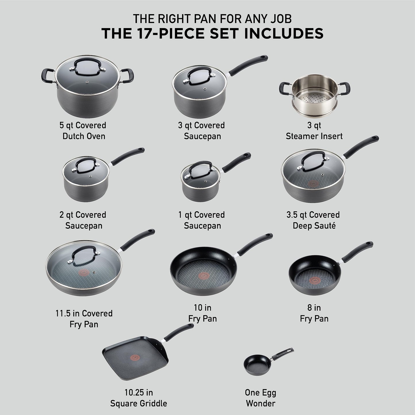 T-Fal Nonstick Cookware Set, 17 Pieces, Black