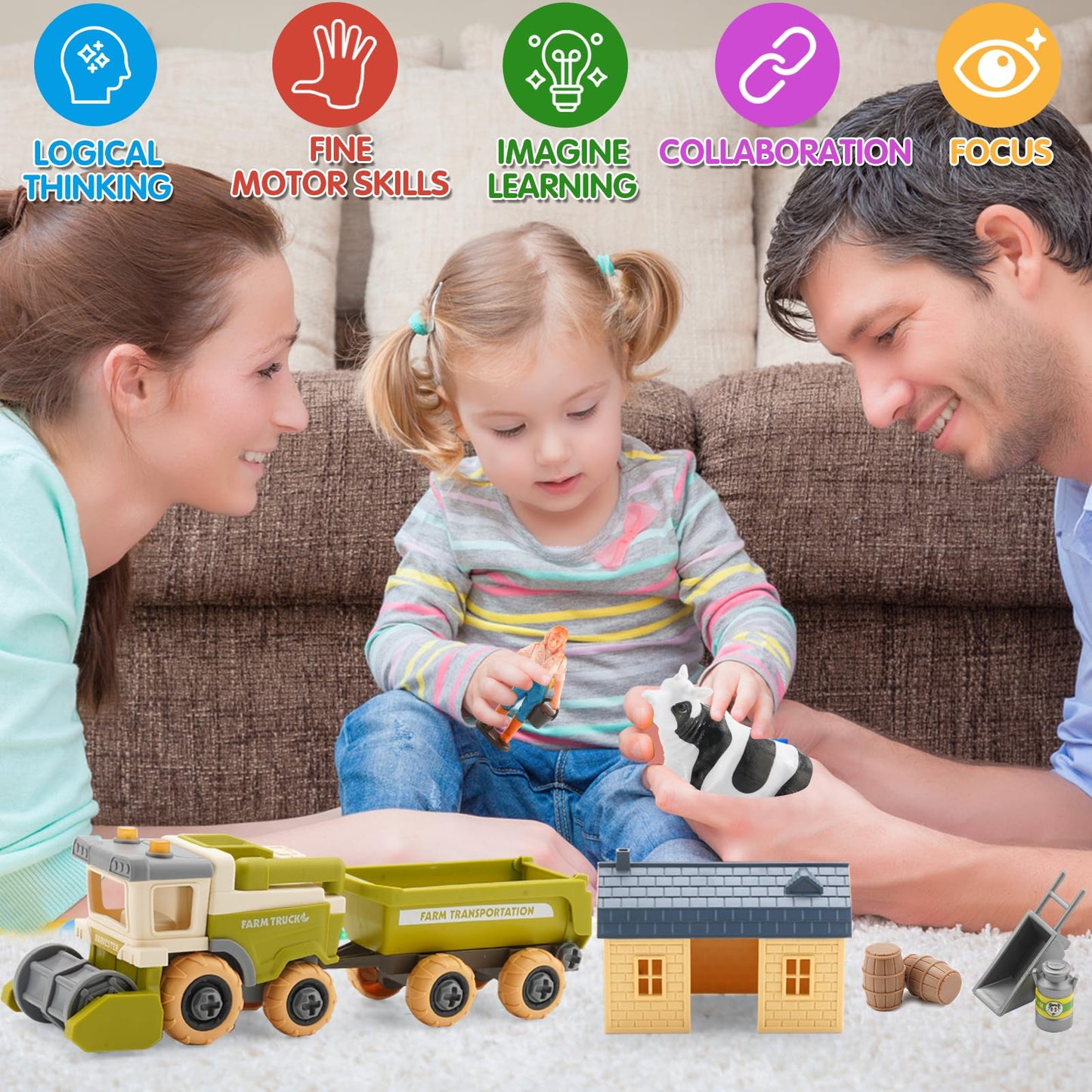 Eaciilee Sandbox Toys - Combine Harvester Truck Toy with Trailer - Farm Sand Box Toys Vehicle with Farm Animal Cows, Lambs, Outdoor Beach and Sand Toy Trucks - Gifts for Boys Girls Kids
