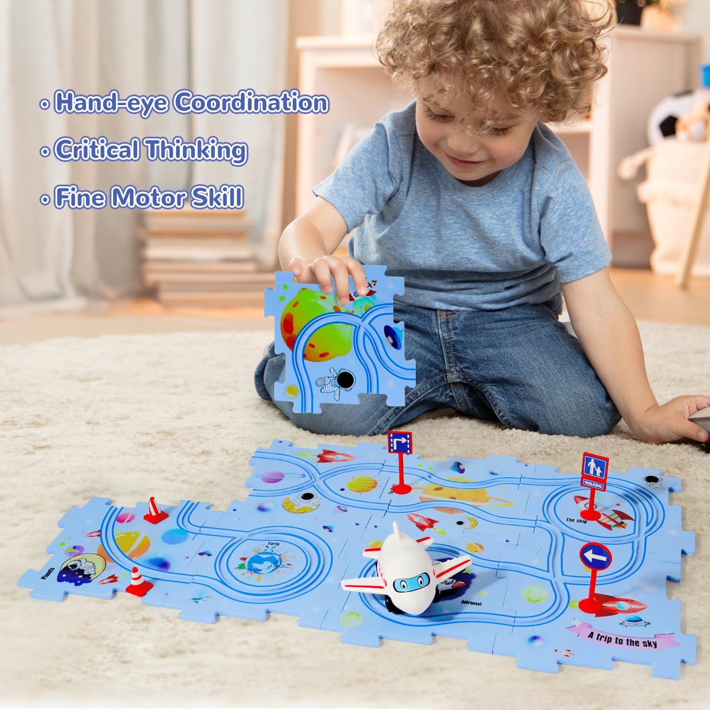XAZASTOV Puzzle Racer Kids Car Track Set, Plastic Floor Puzzles for Kids Ages 3-5 with Vehicles, Electric Trolley Puzzle, Toys Gifts for 2 3 4 5 6 Year Old Boys Girls, Montessori Toys for 3+ Years
